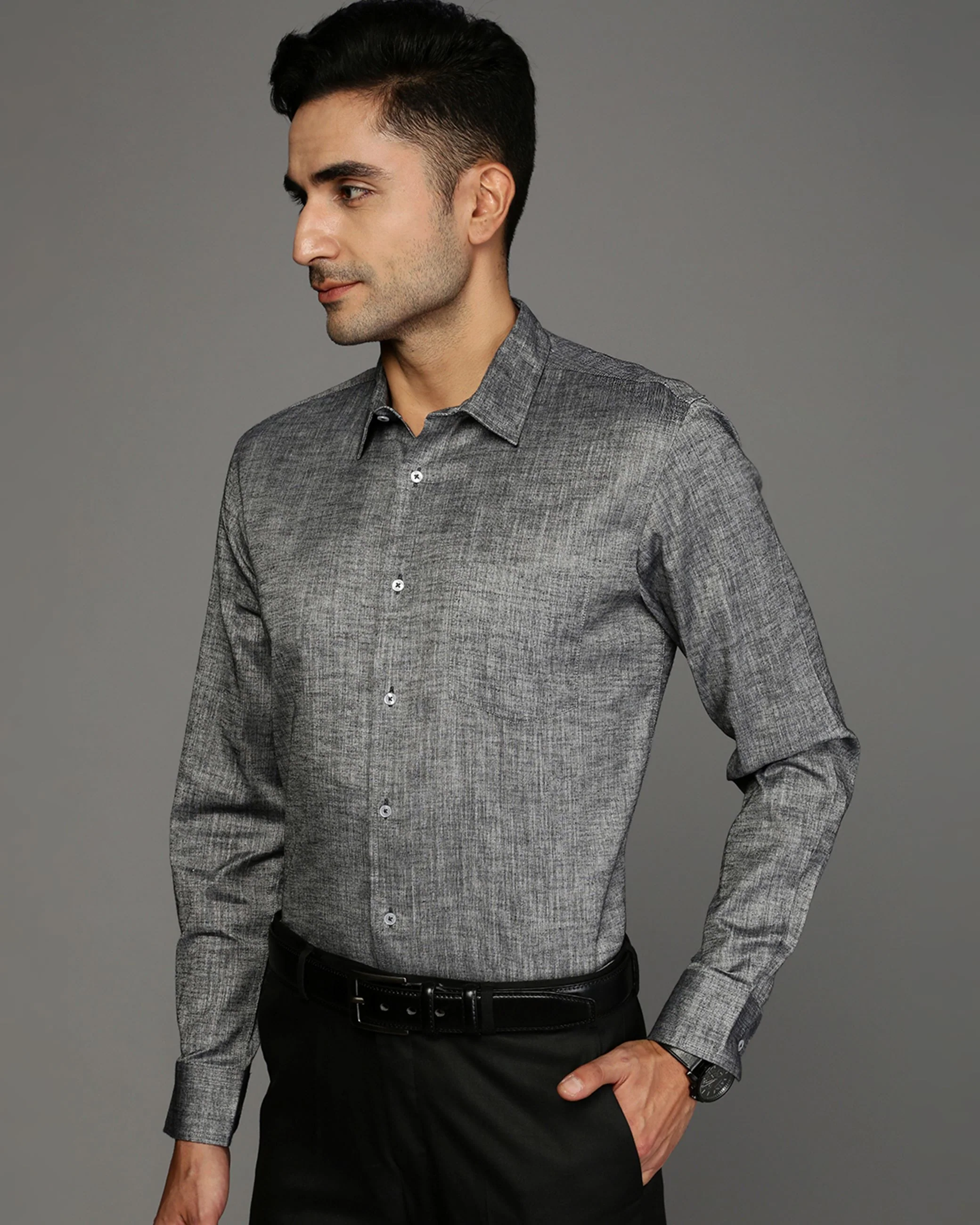 Men Black Cotton Blend Slim Shirt - Image 3