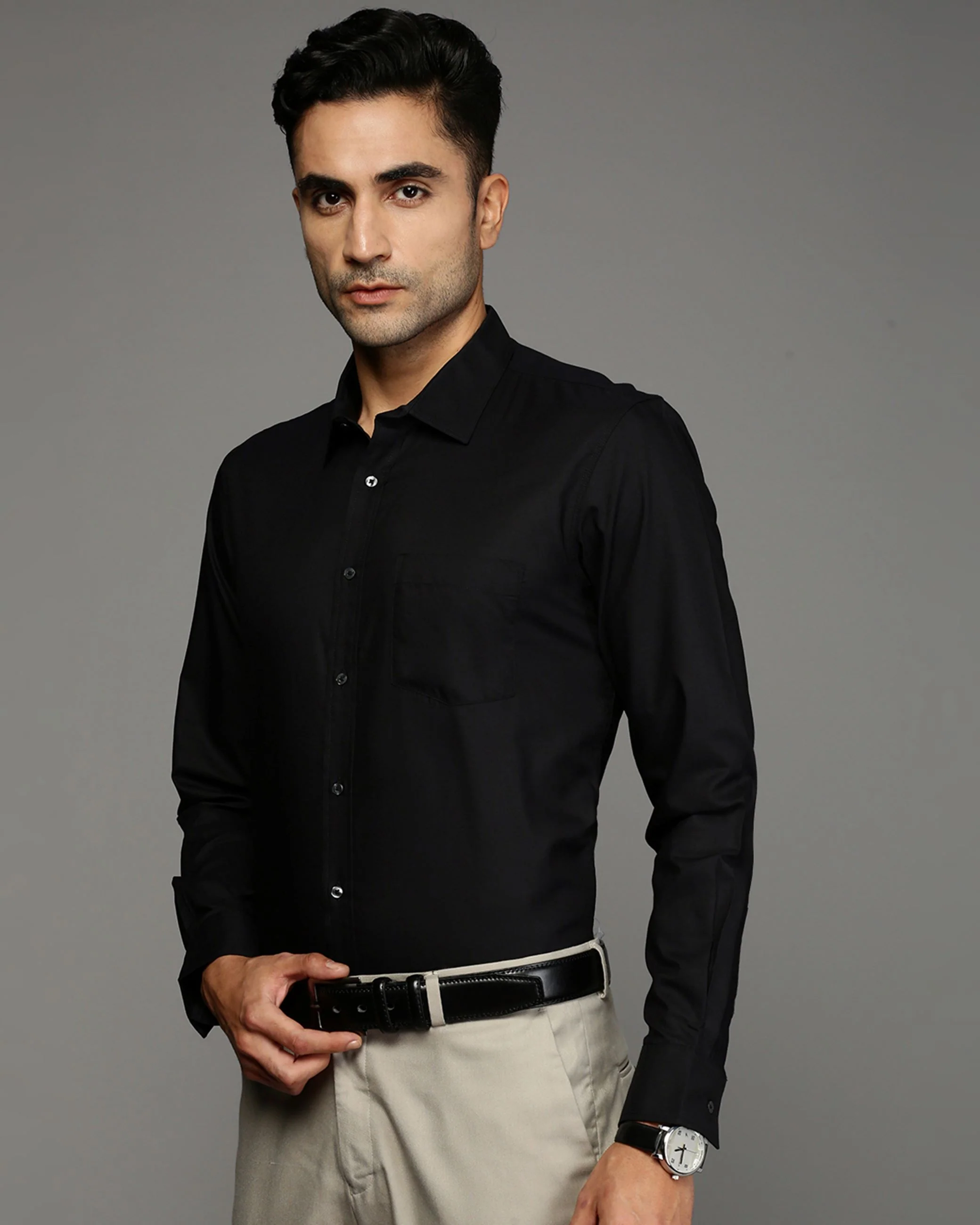 Men Black Cotton Blend Slim Shirt - Image 3