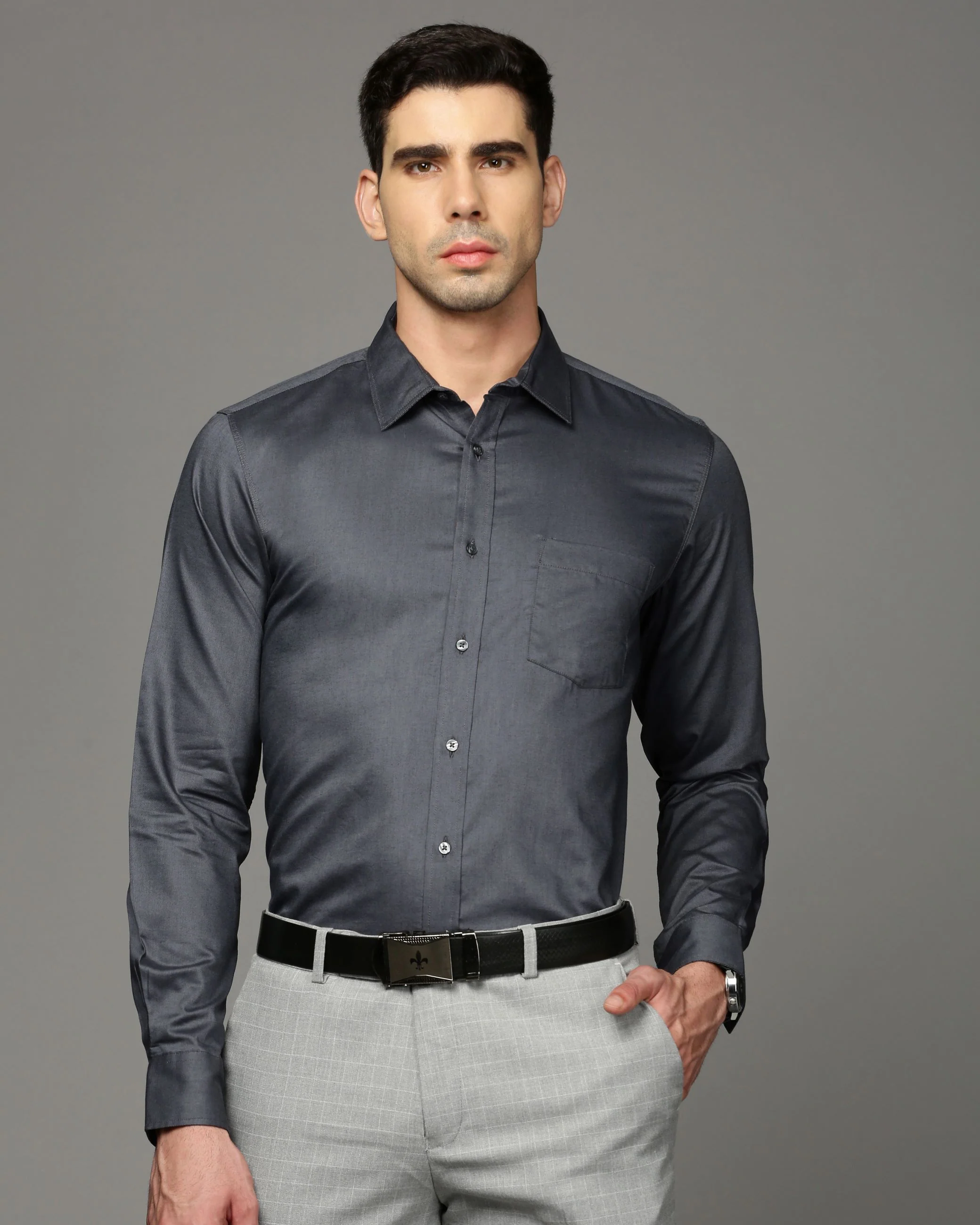 Men Black Cotton Blend Slim Shirt - Image 2