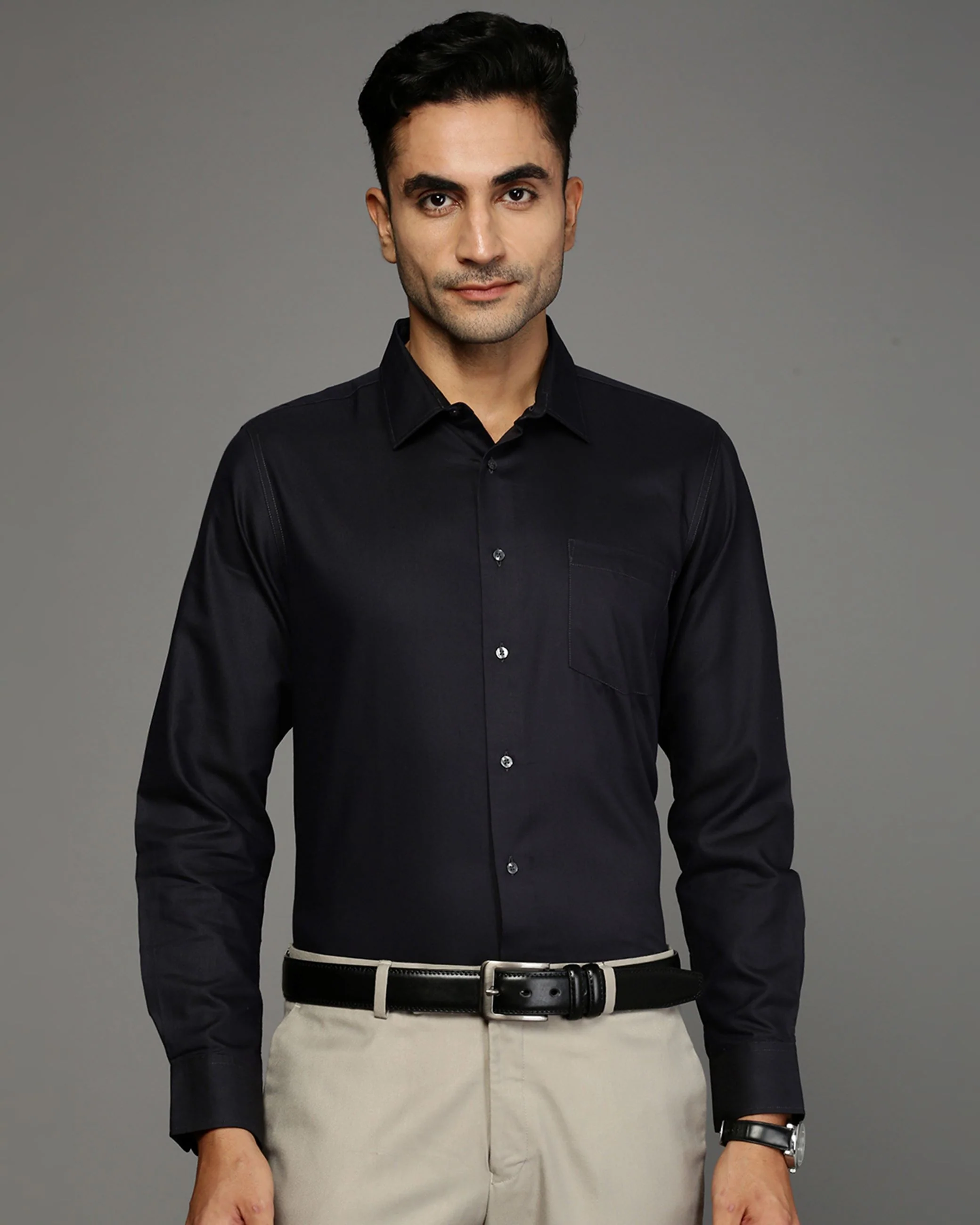 Men Black Cotton Blend Slim Shirt - Image 2