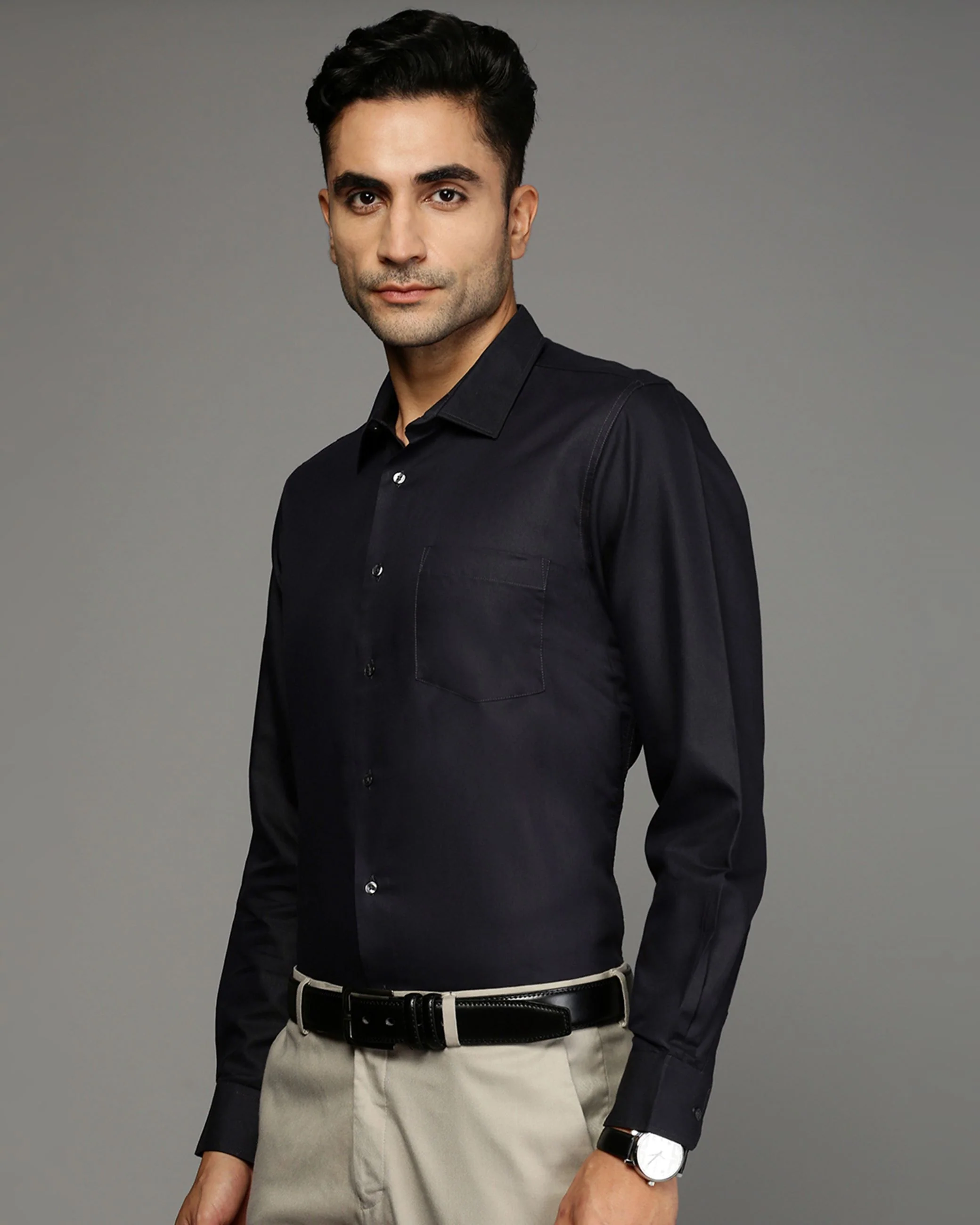 Men Black Cotton Blend Slim Shirt - Image 3