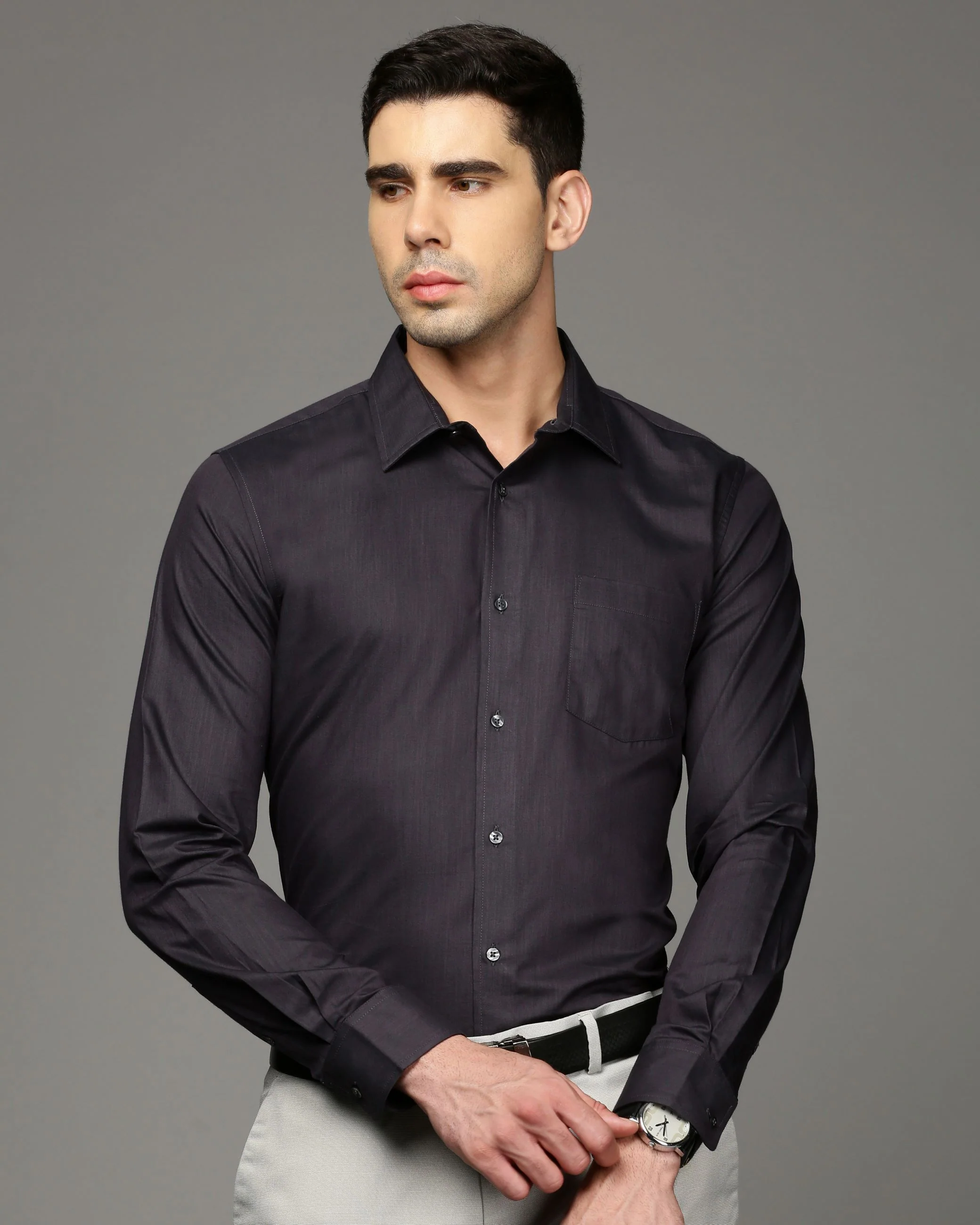 Men Black Cotton Blend Slim Shirt - Image 2