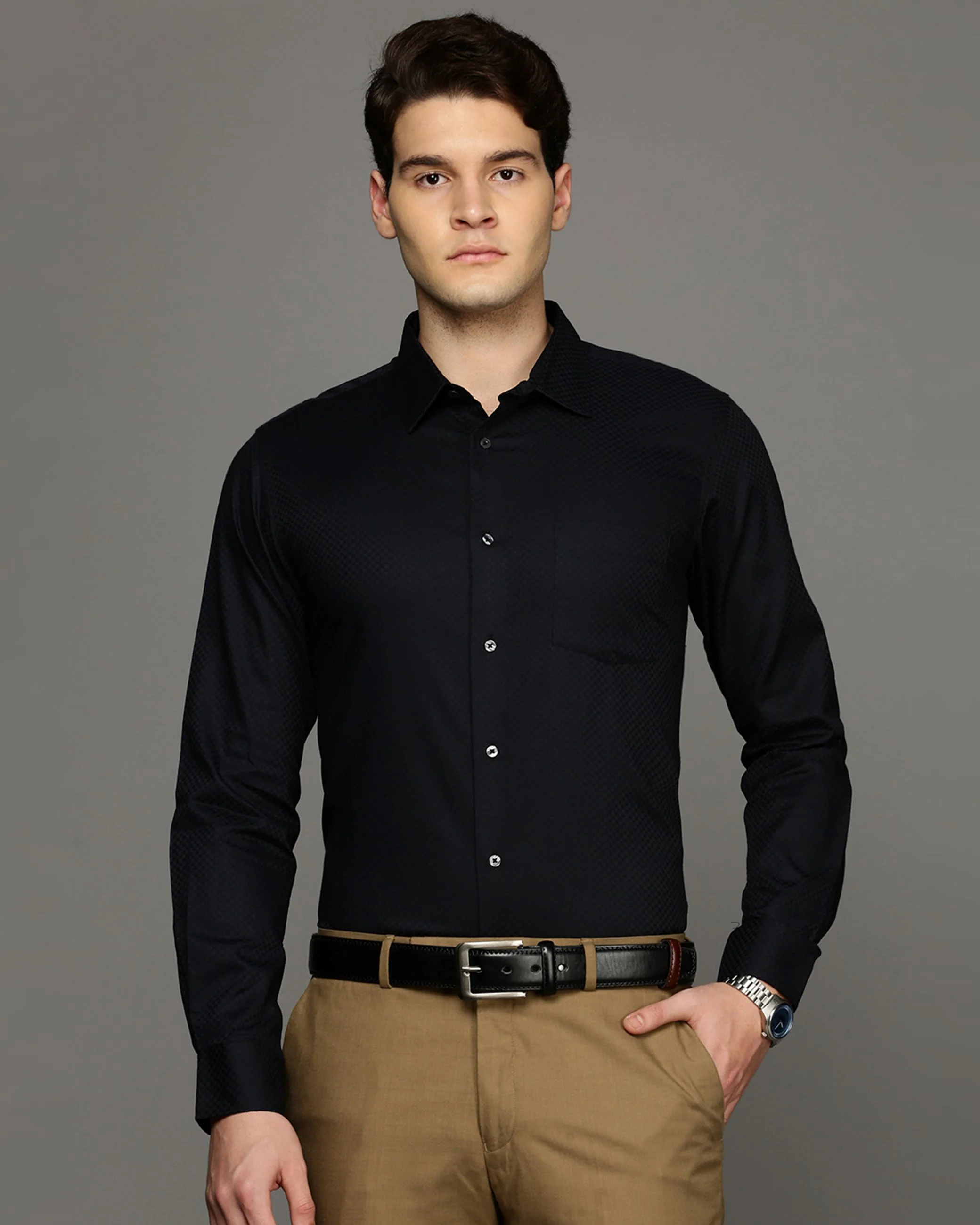 Men Black Cotton Blend Slim Shirt - Image 2