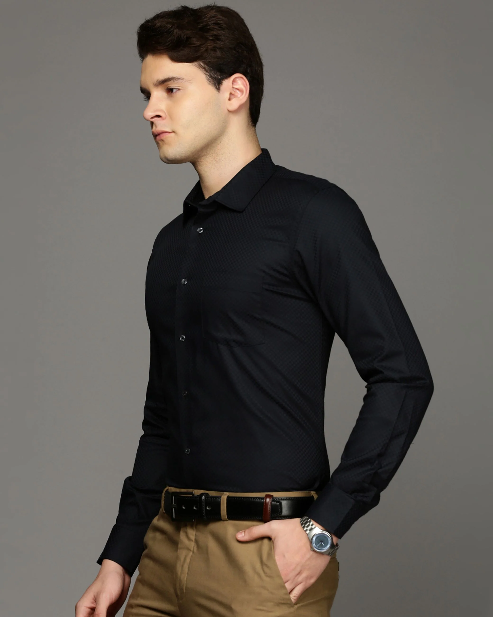 Men Black Cotton Blend Slim Shirt - Image 3