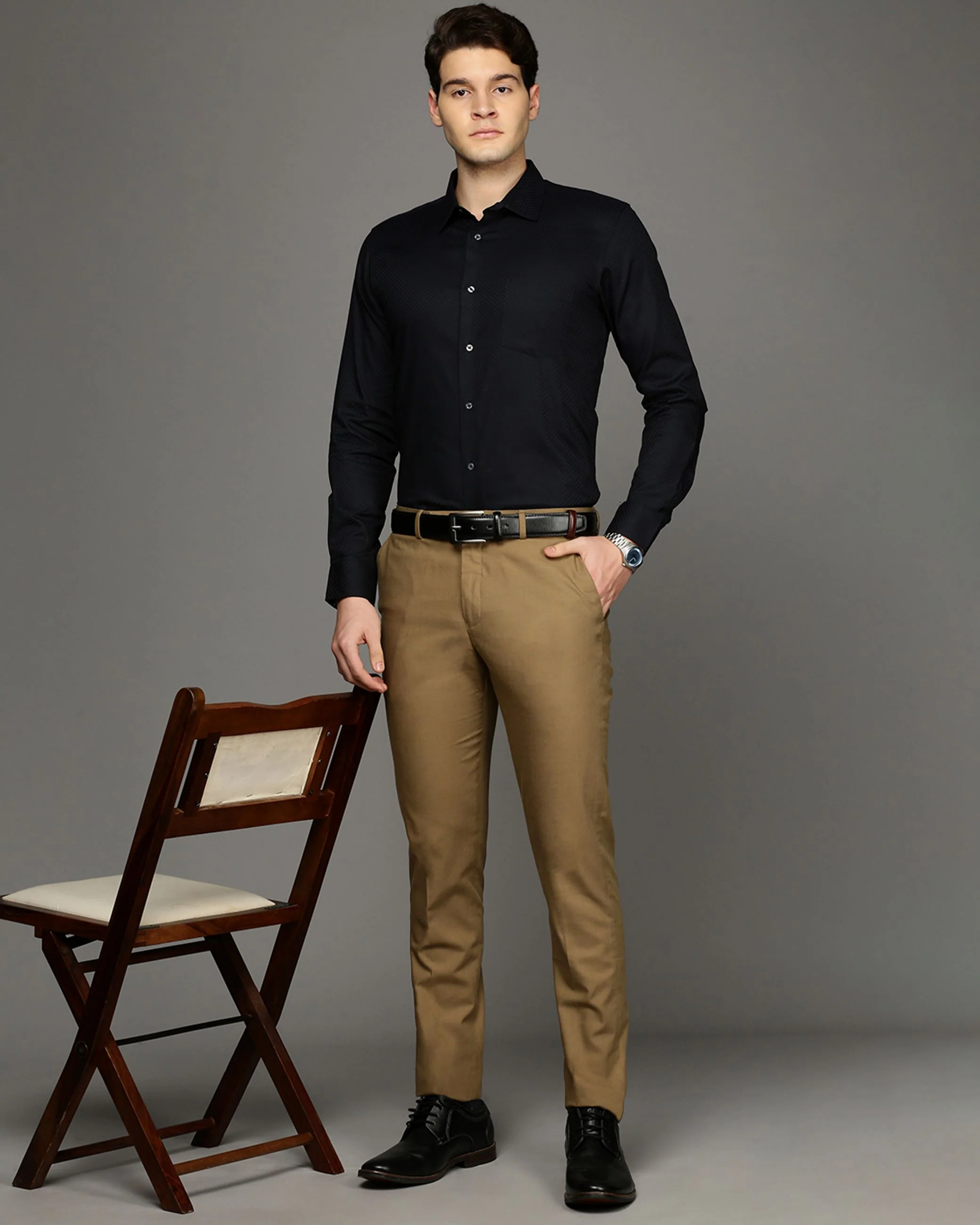 Men Black Cotton Blend Slim Shirt - Image 5