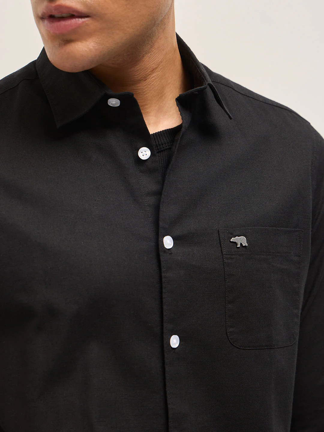 Men Black Cotton Linen Slim Fit Solid Casual Shirt - Image 5