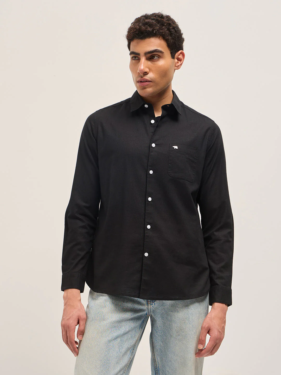 Men Black Cotton Linen Slim Fit Solid Casual Shirt - Image 6