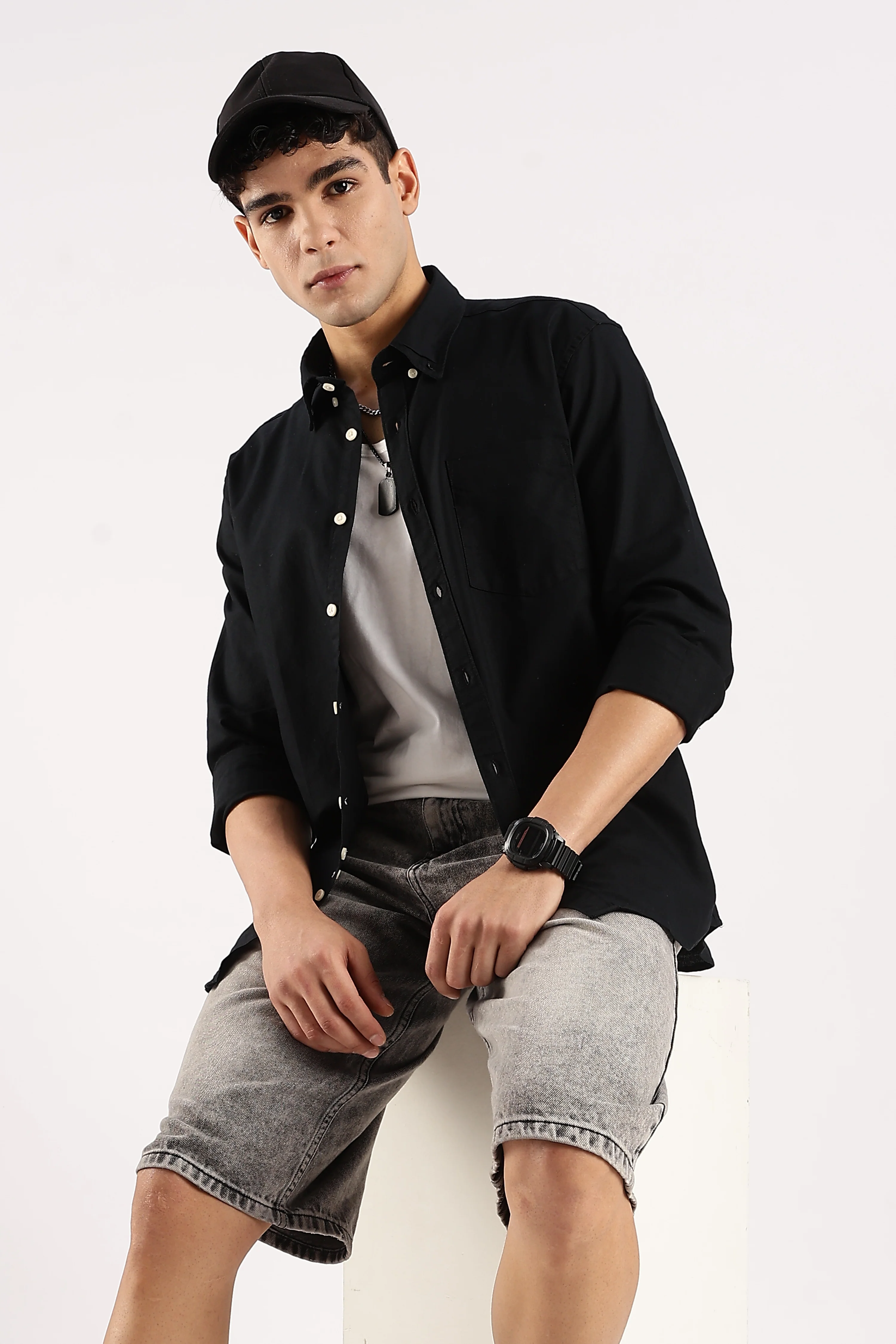Men Black Cotton Oxford Shirt - Image 9