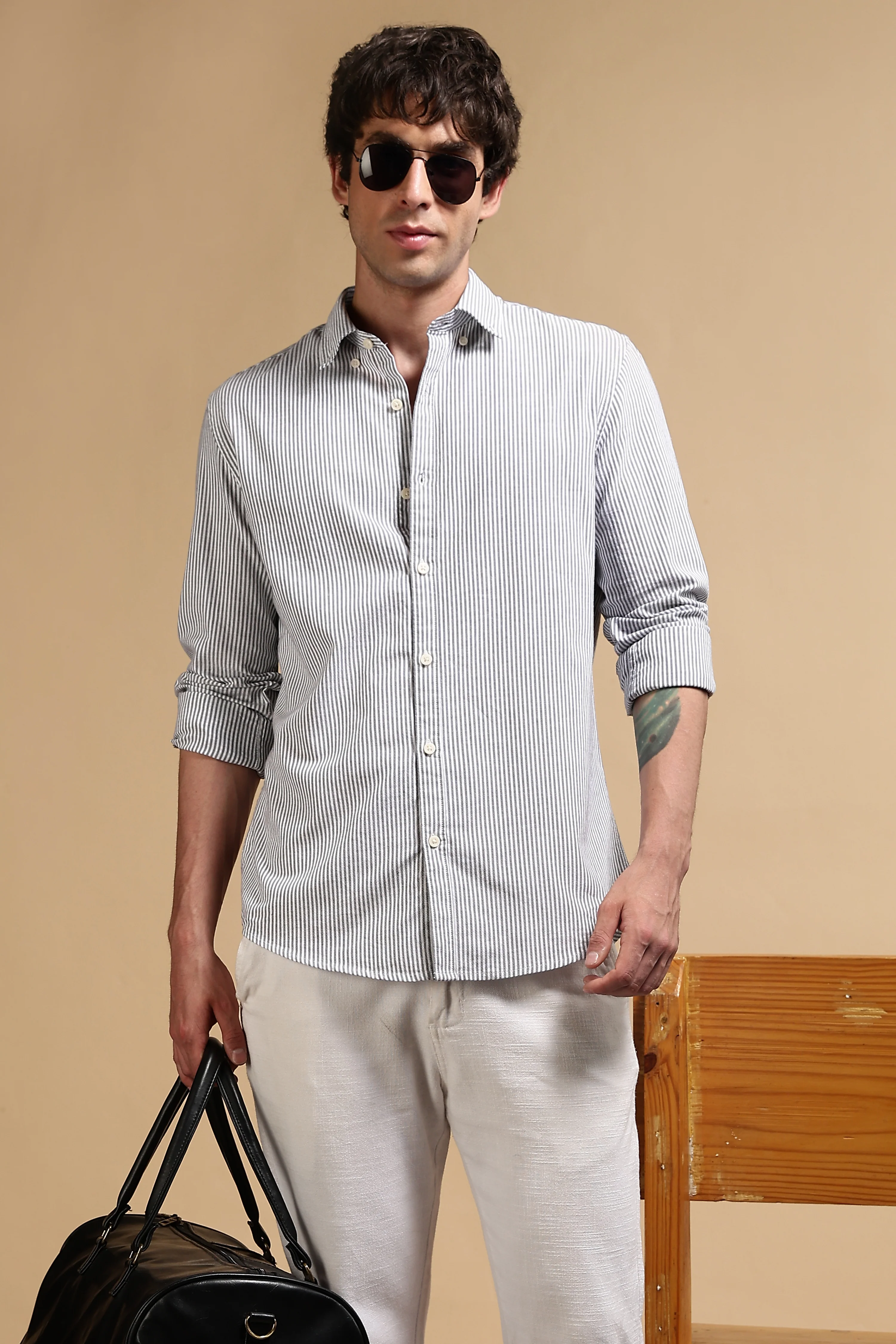 Men Black Cotton Oxford Slim Fit Striped Shirt - Image 10
