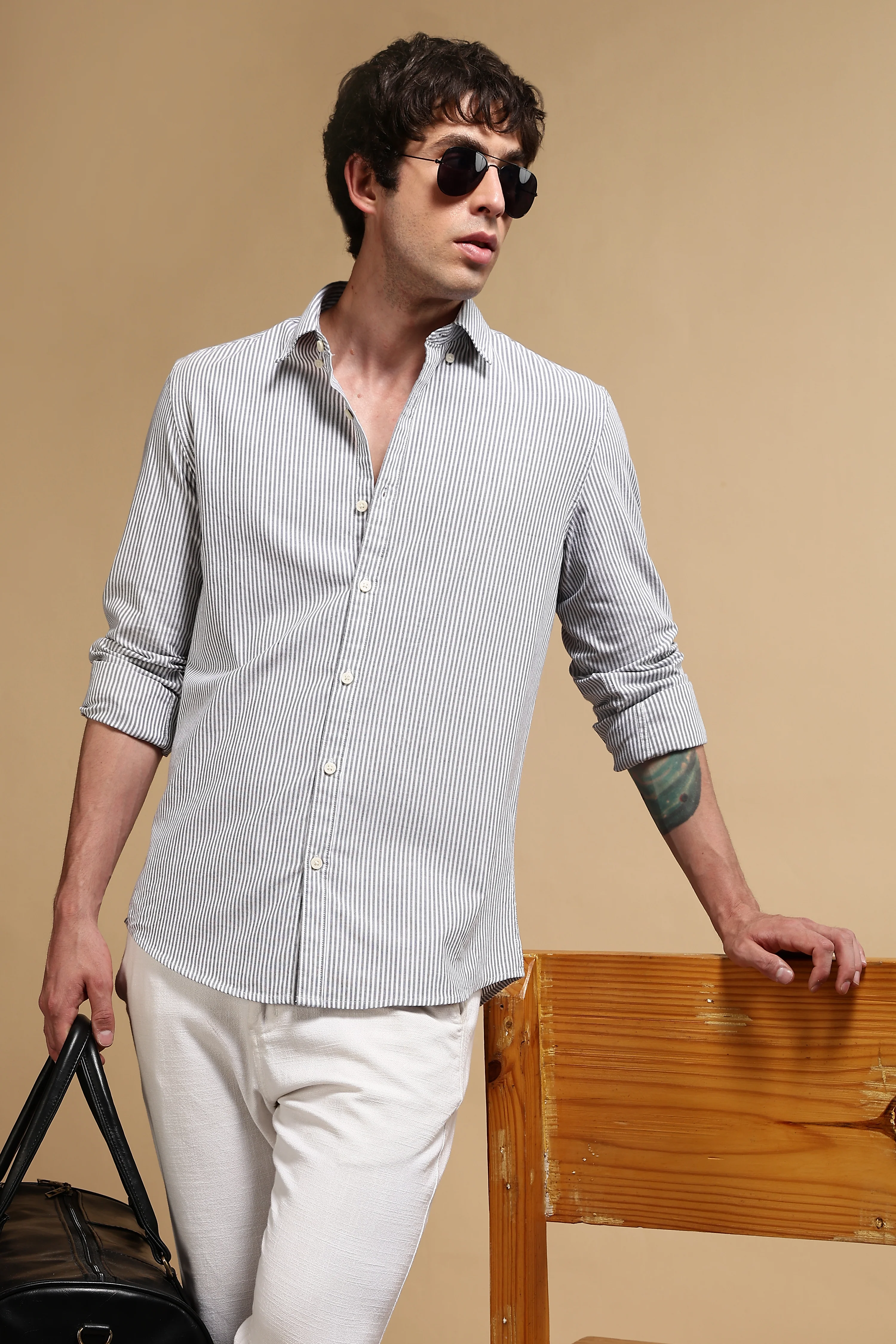 Men Black Cotton Oxford Slim Fit Striped Shirt - Image 3