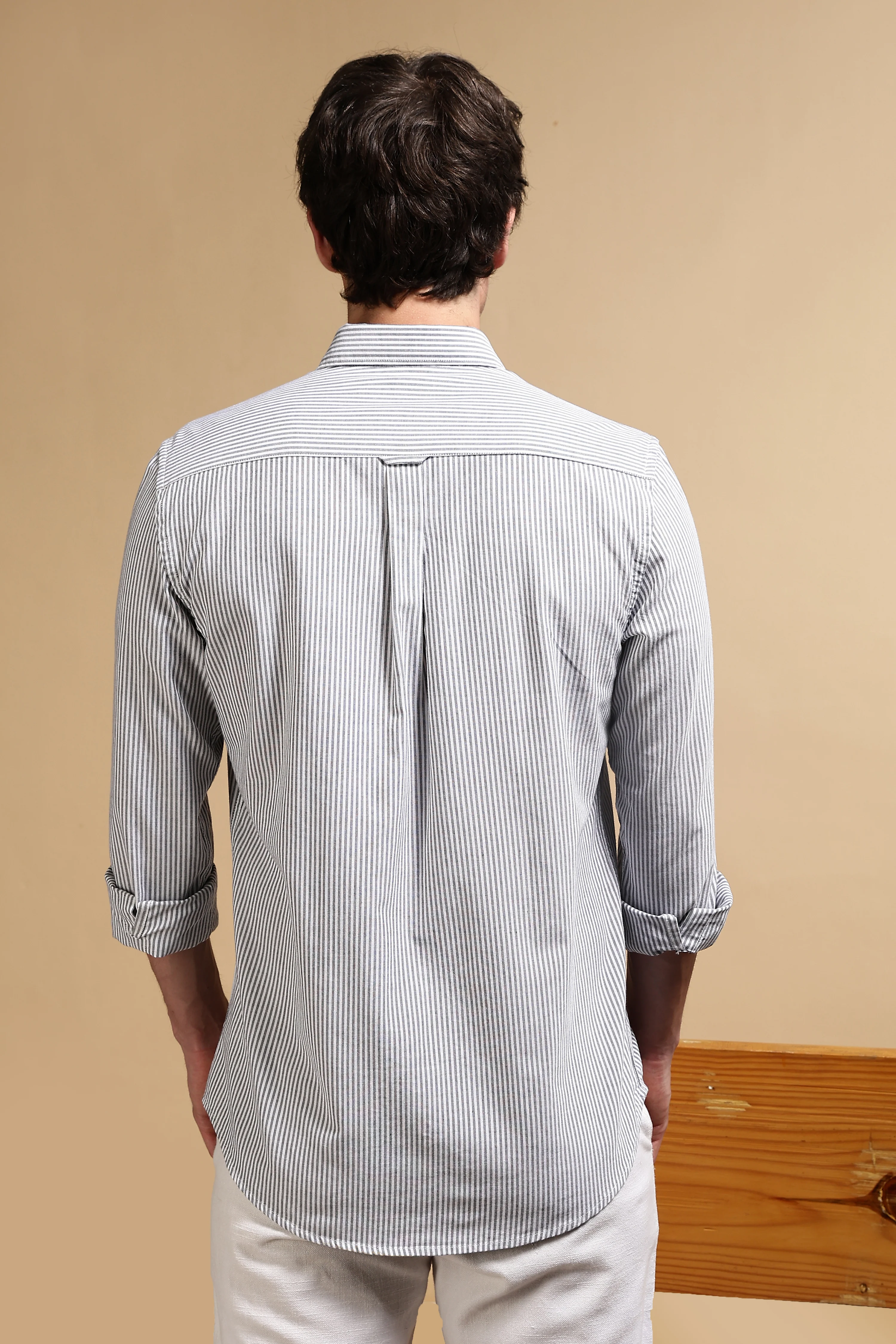 Men Black Cotton Oxford Slim Fit Striped Shirt - Image 5