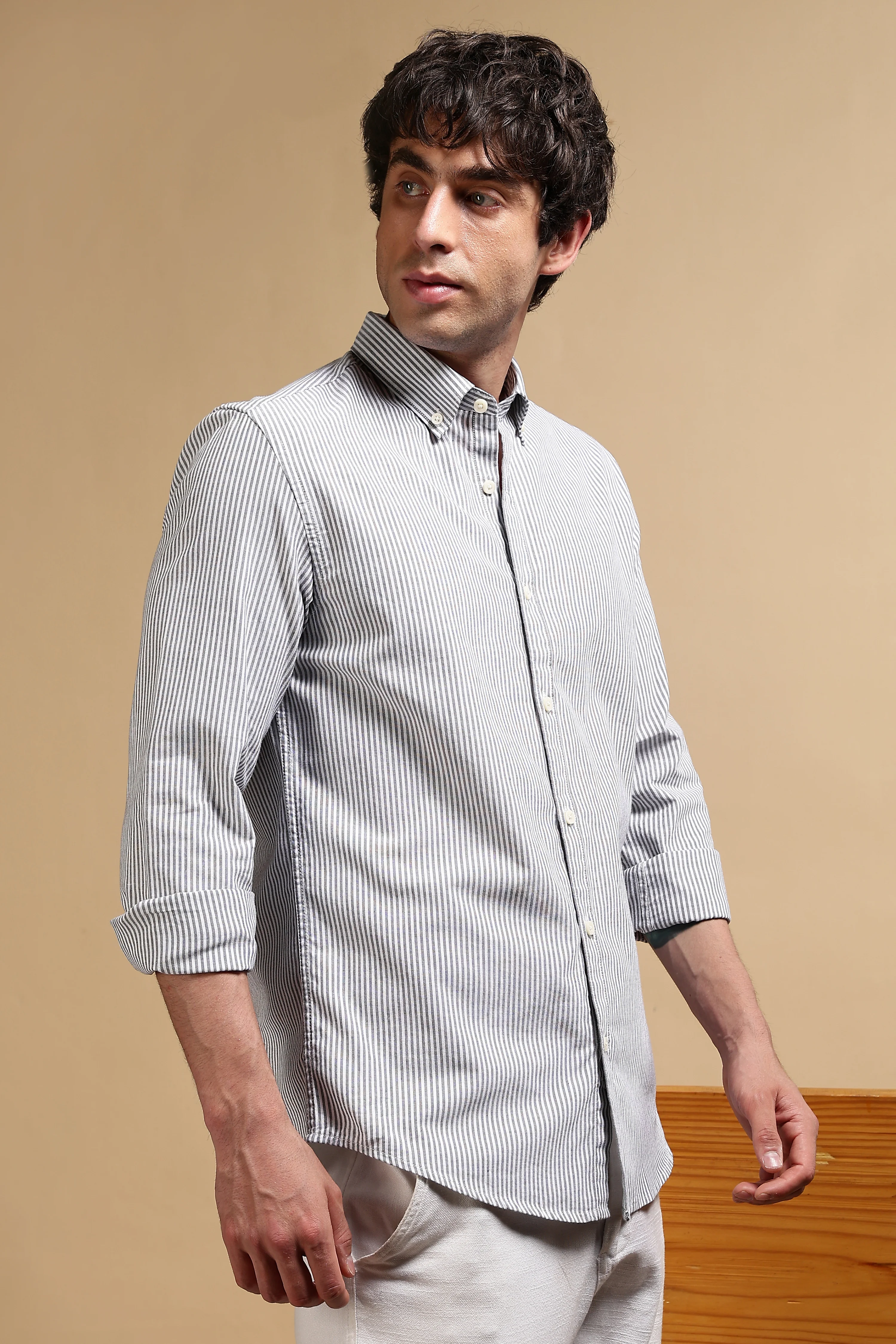 Men Black Cotton Oxford Slim Fit Striped Shirt - Image 6
