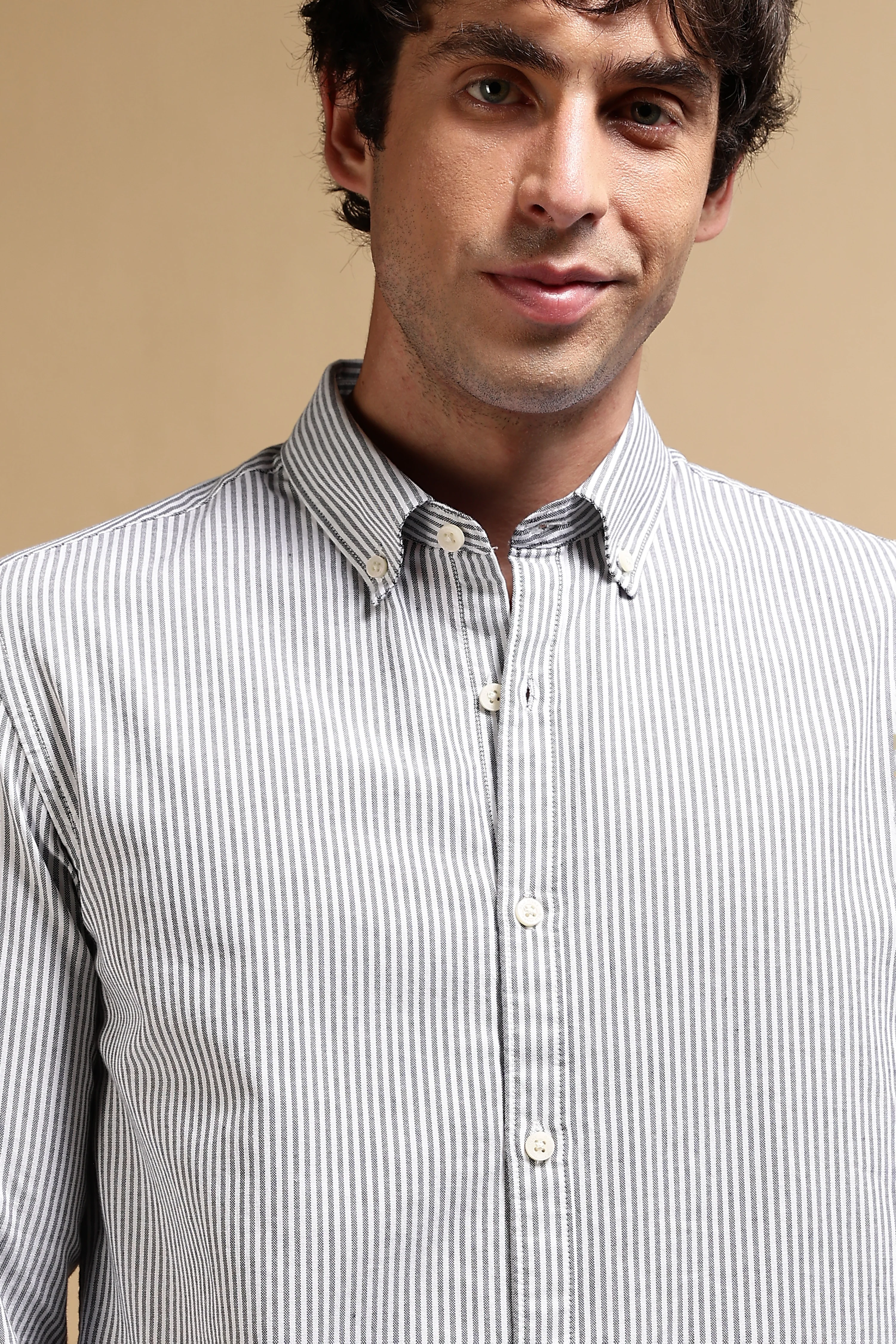 Men Black Cotton Oxford Slim Fit Striped Shirt - Image 7