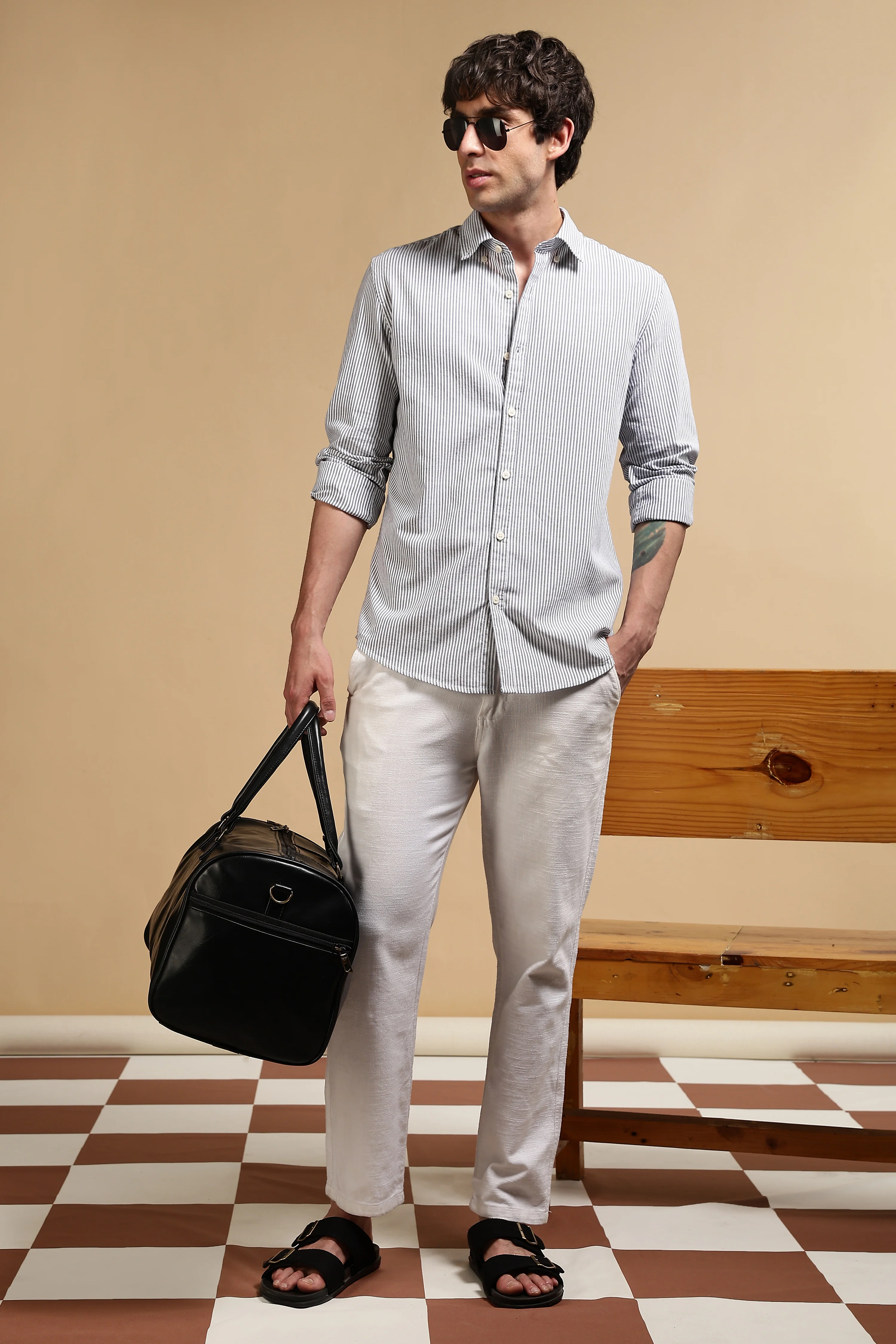 Men Black Cotton Oxford Slim Fit Striped Shirt - Image 9
