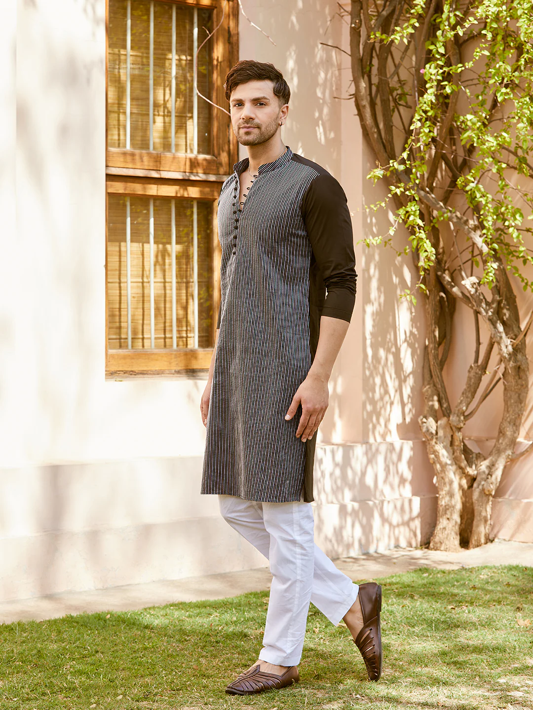 Men Black Cotton Pintex Design Multi Thread Work Kurta - Image 4