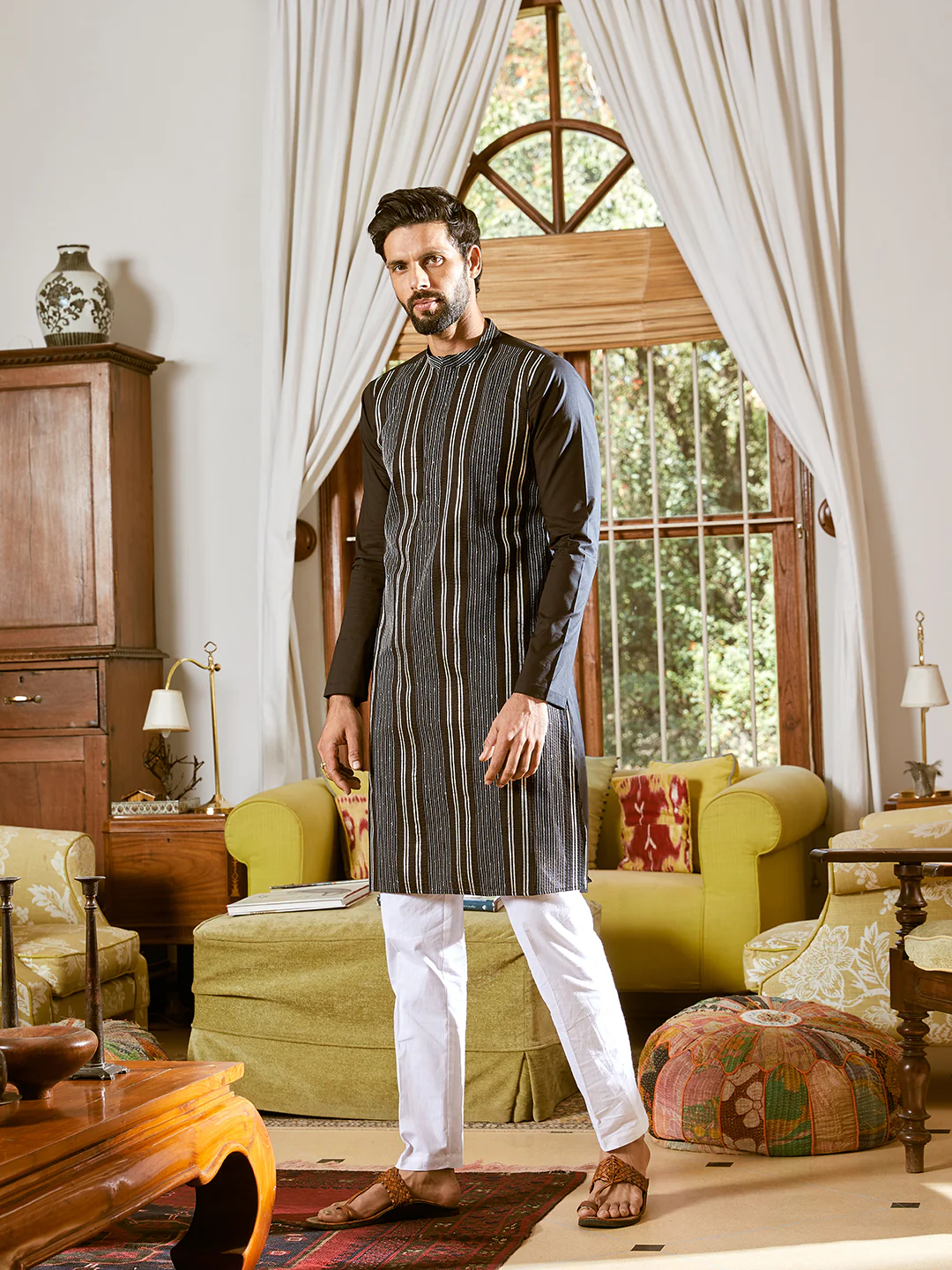 Men Black Cotton Pintex Design Sequins Kurta - Image 2