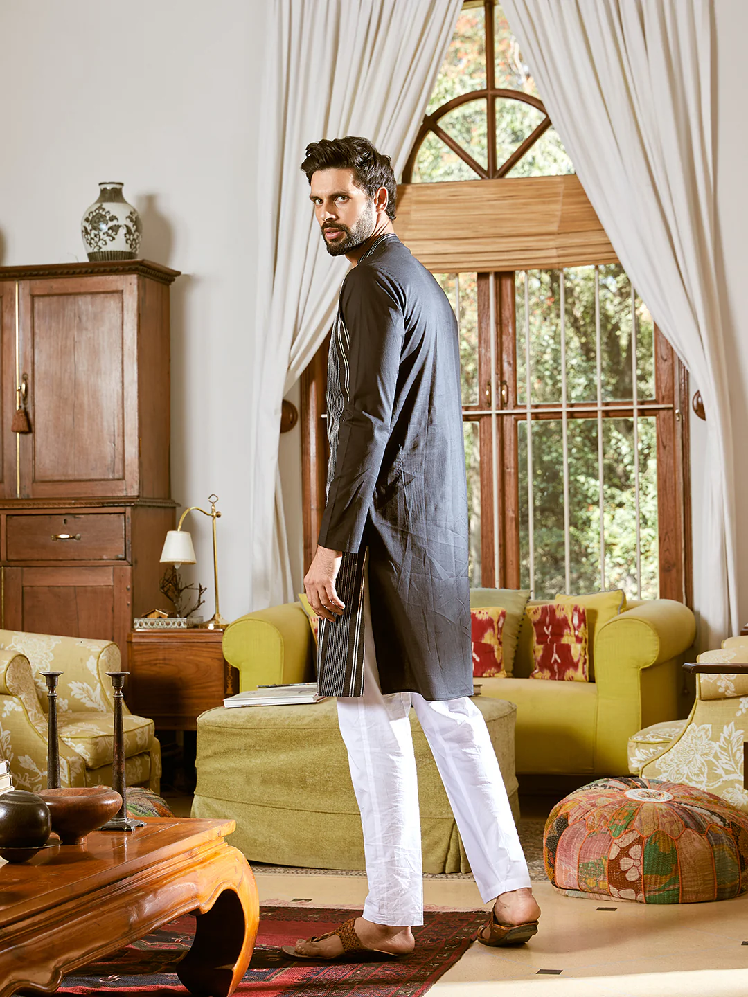 Men Black Cotton Pintex Design Sequins Kurta - Image 3