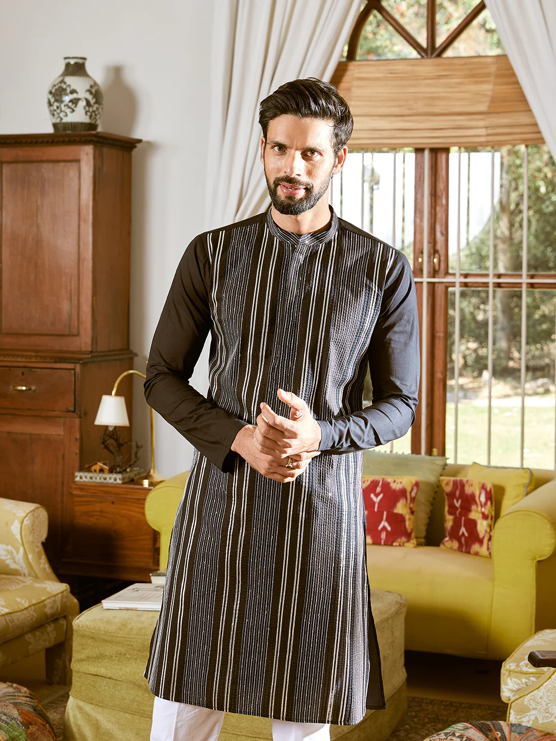 Men Black Cotton Pintex Design Sequins Kurta - Image 4