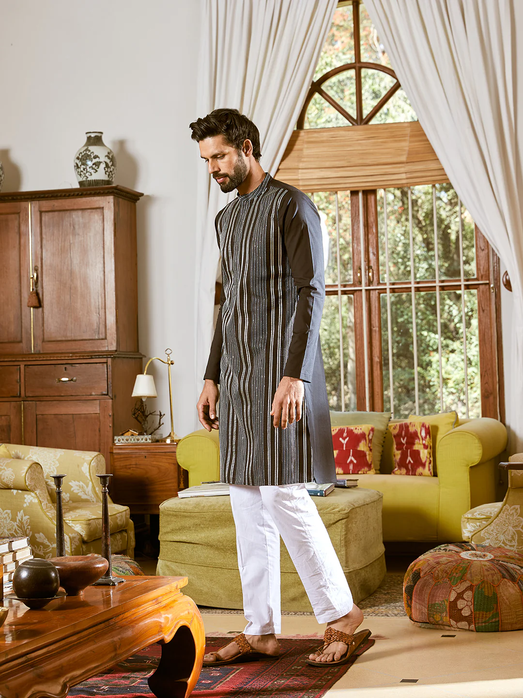 Men Black Cotton Pintex Design Sequins Kurta - Image 5