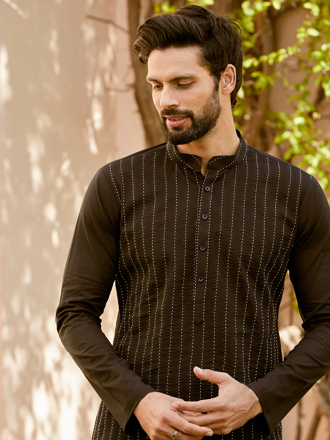 Men Black Cotton Pintex Design Thread Work Kurta - Image 2