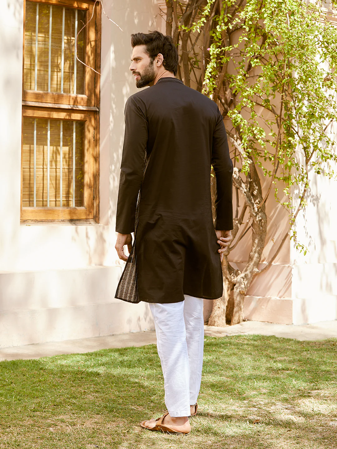 Men Black Cotton Pintex Design Thread Work Kurta - Image 3