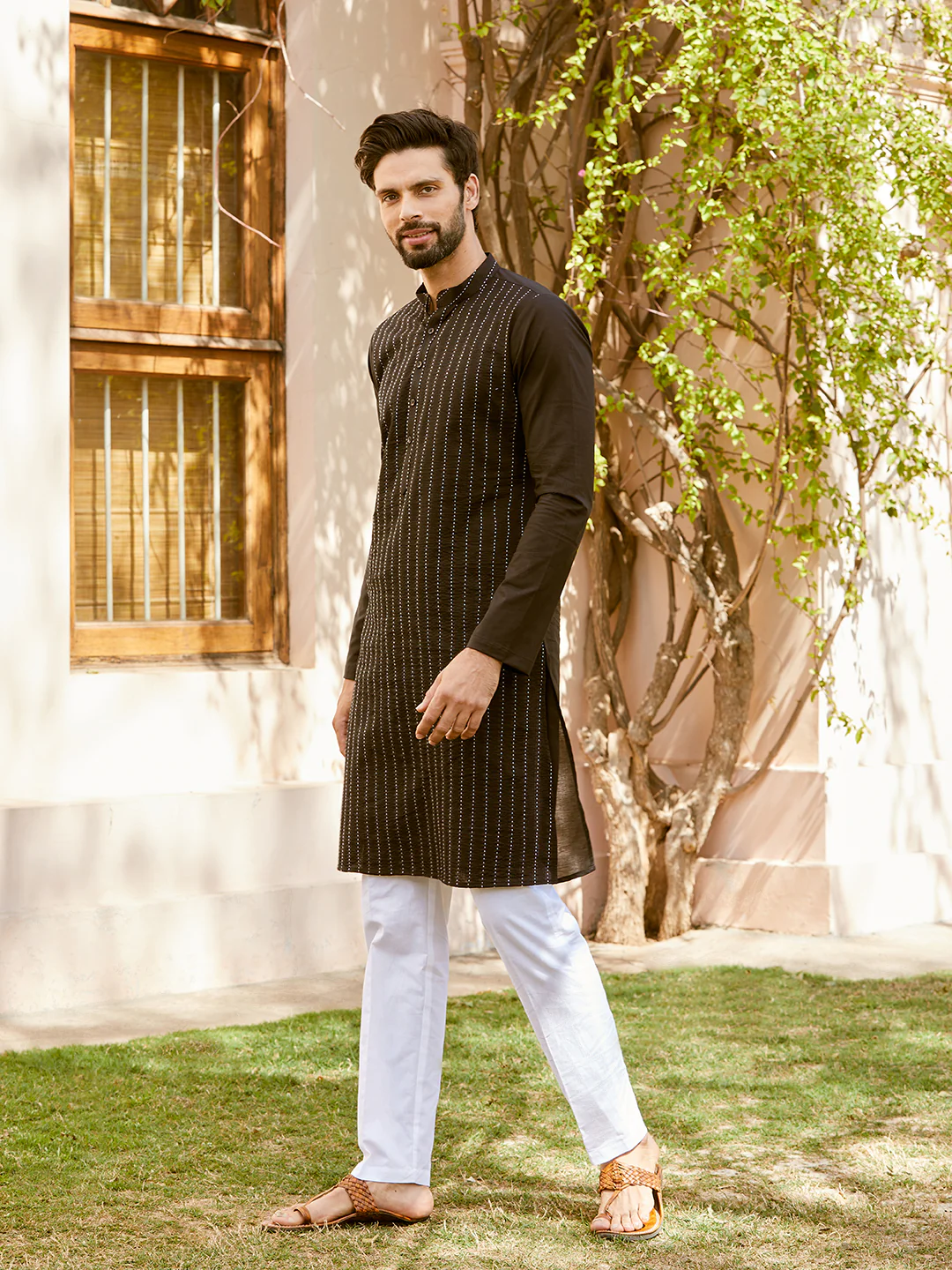 Men Black Cotton Pintex Design Thread Work Kurta - Image 4