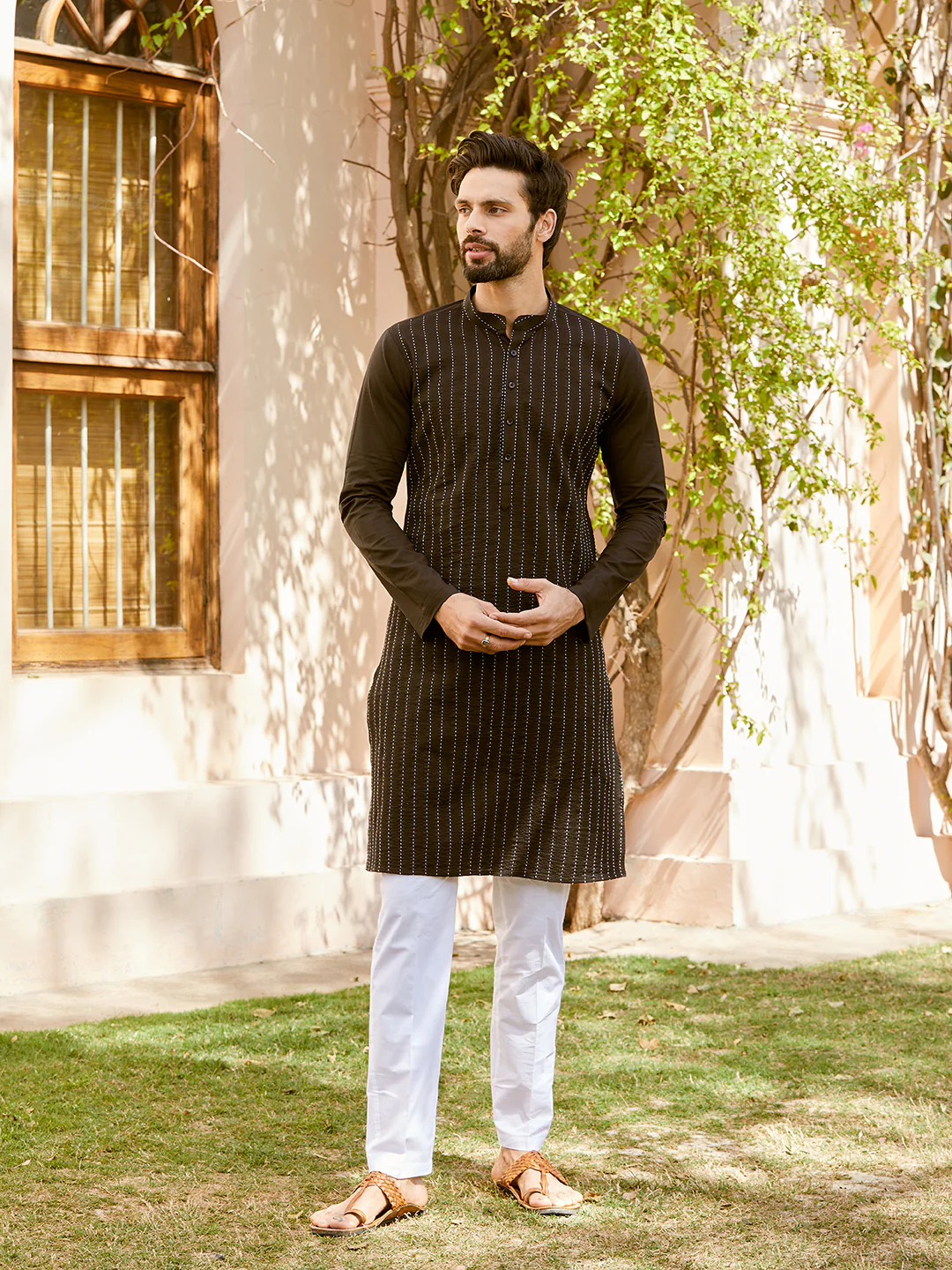 Men Black Cotton Pintex Design Thread Work Kurta - Image 5