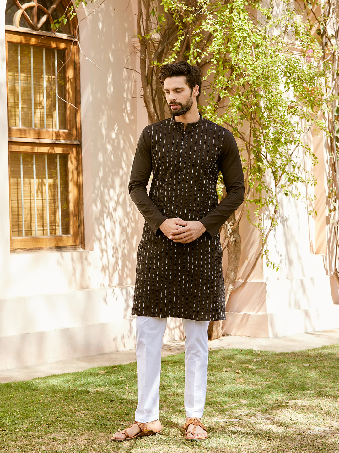 Men Black Cotton Pintex Design Thread Work Kurta - Image 6