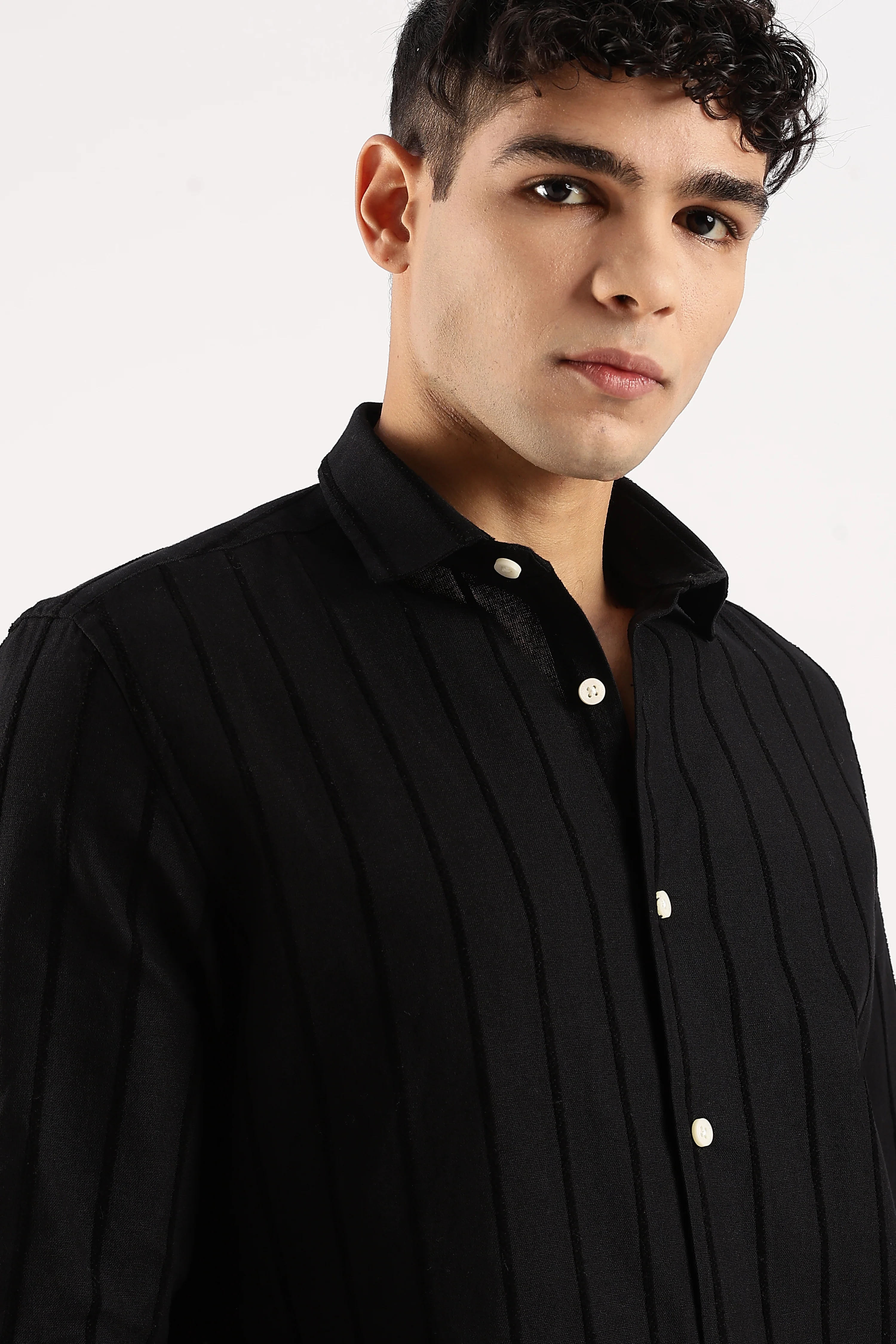 Men Black Cotton Self-Striped Shirt - Image 10