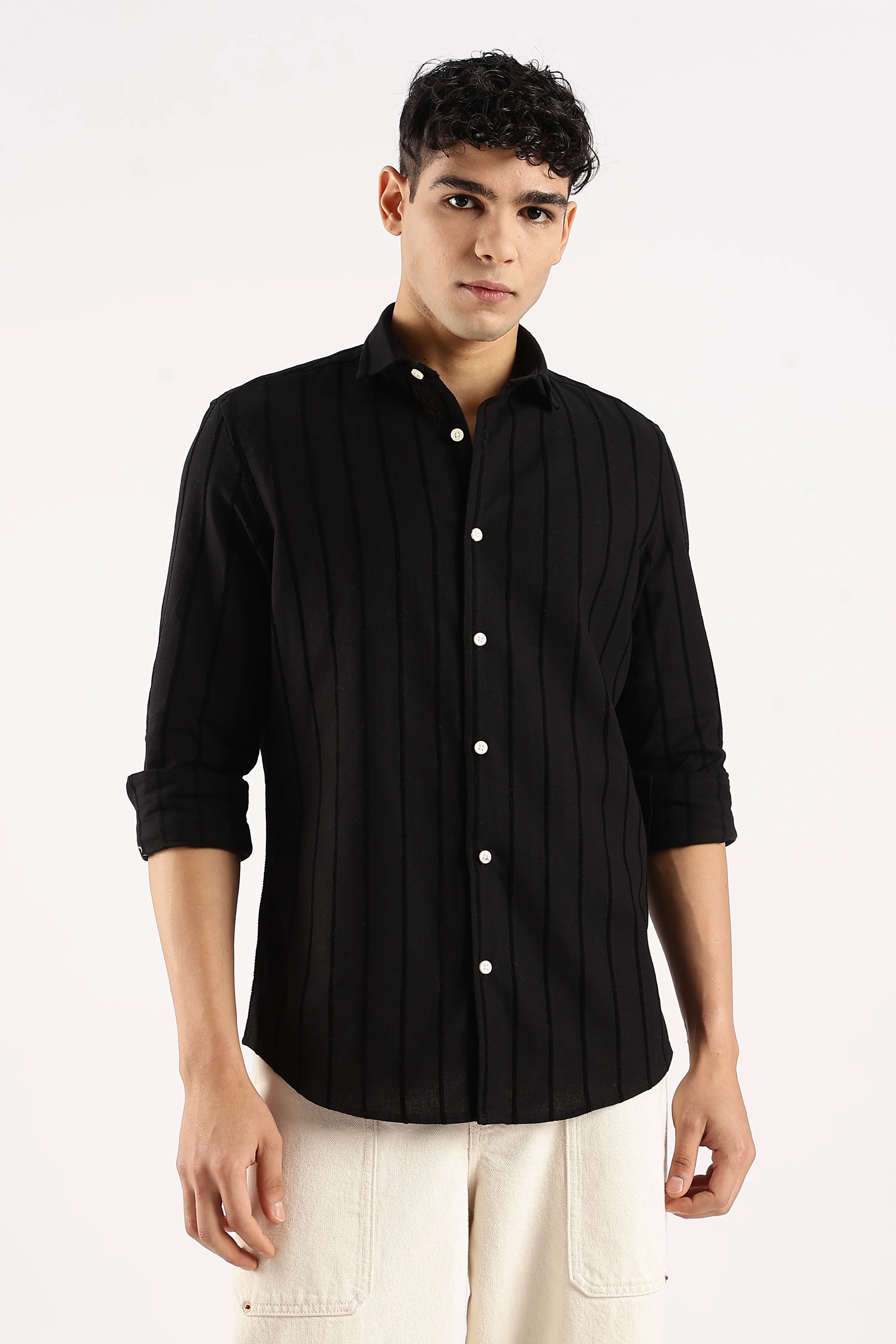Men Black Cotton Self-Striped Shirt - Image 2