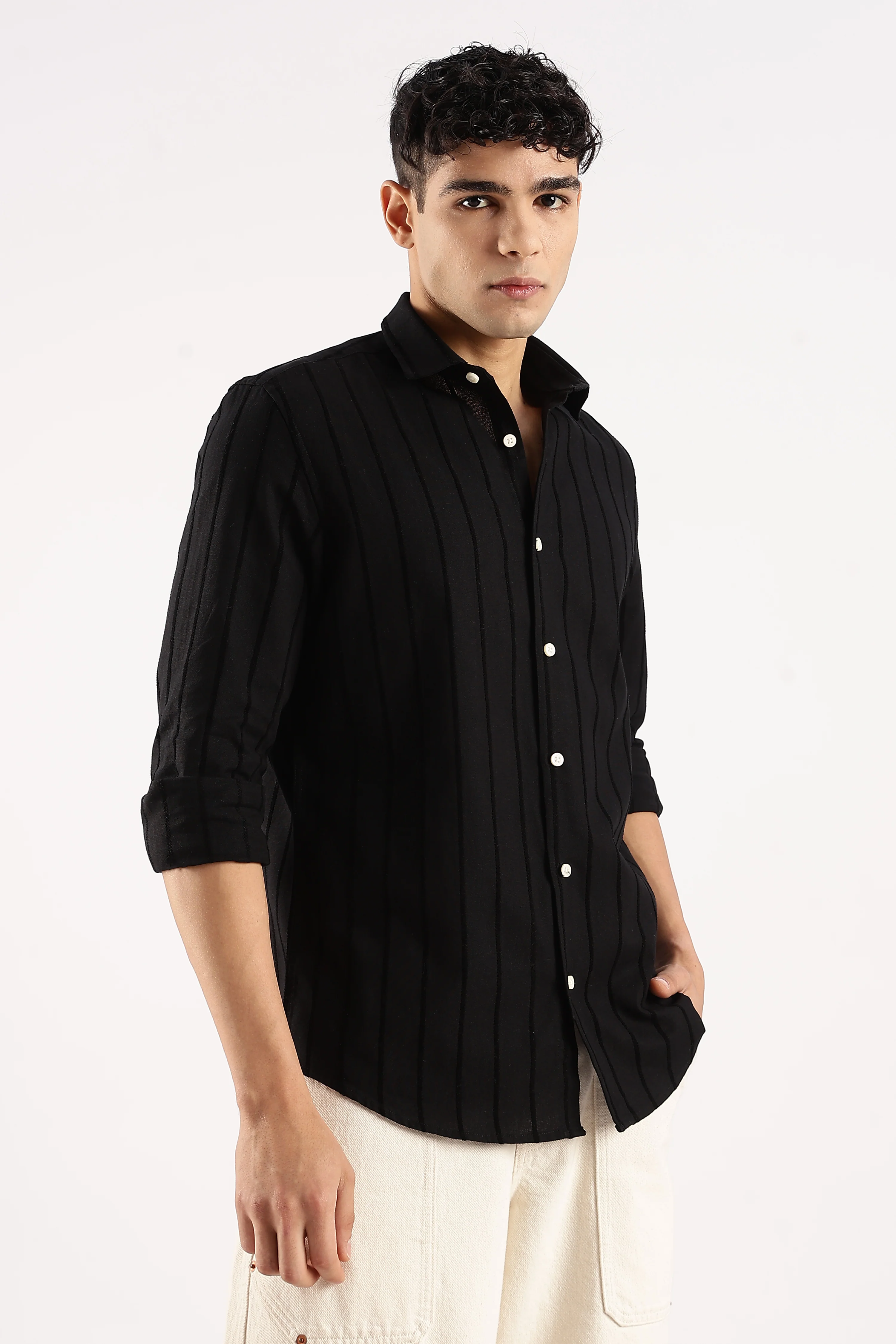Men Black Cotton Self-Striped Shirt - Image 3