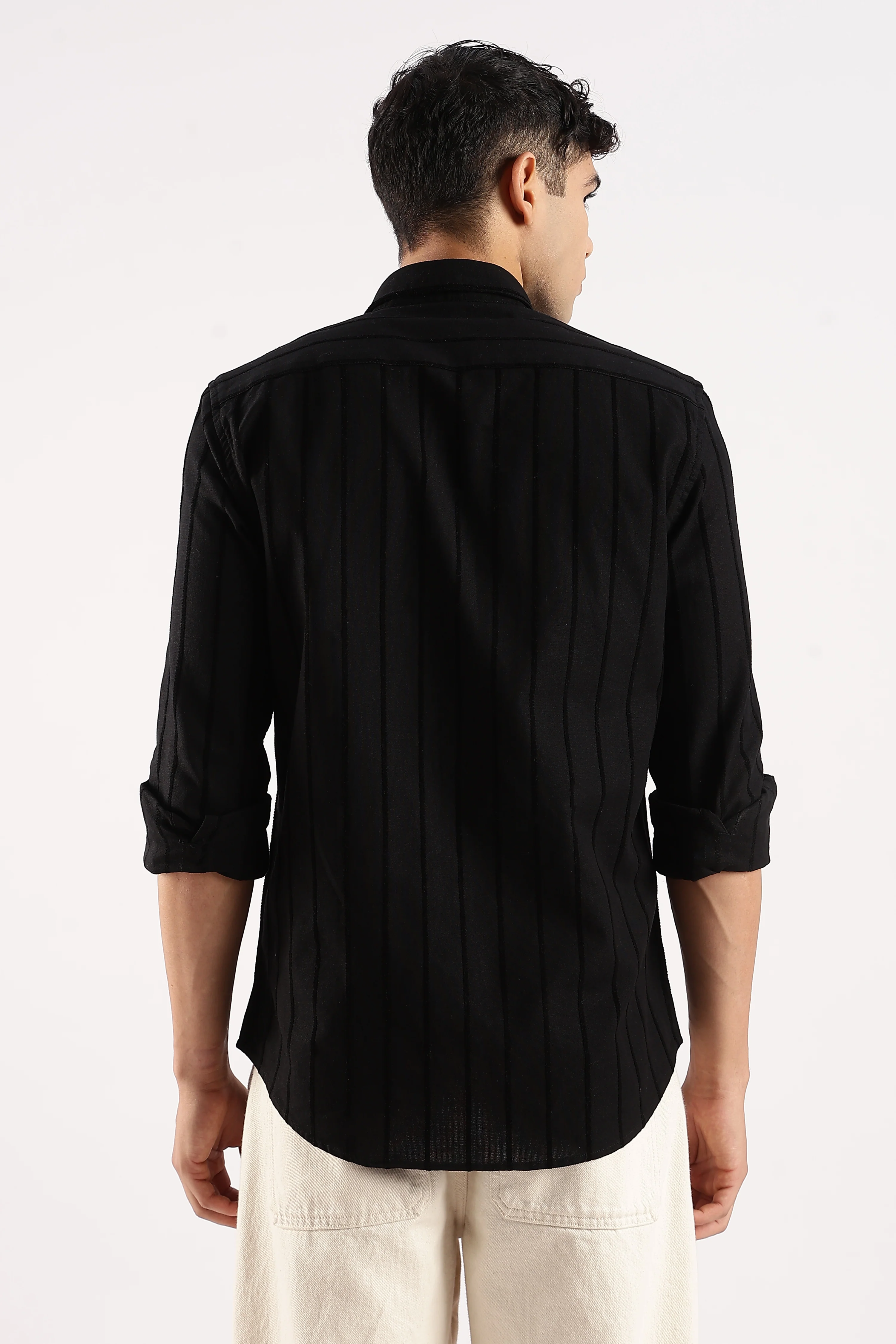 Men Black Cotton Self-Striped Shirt - Image 4