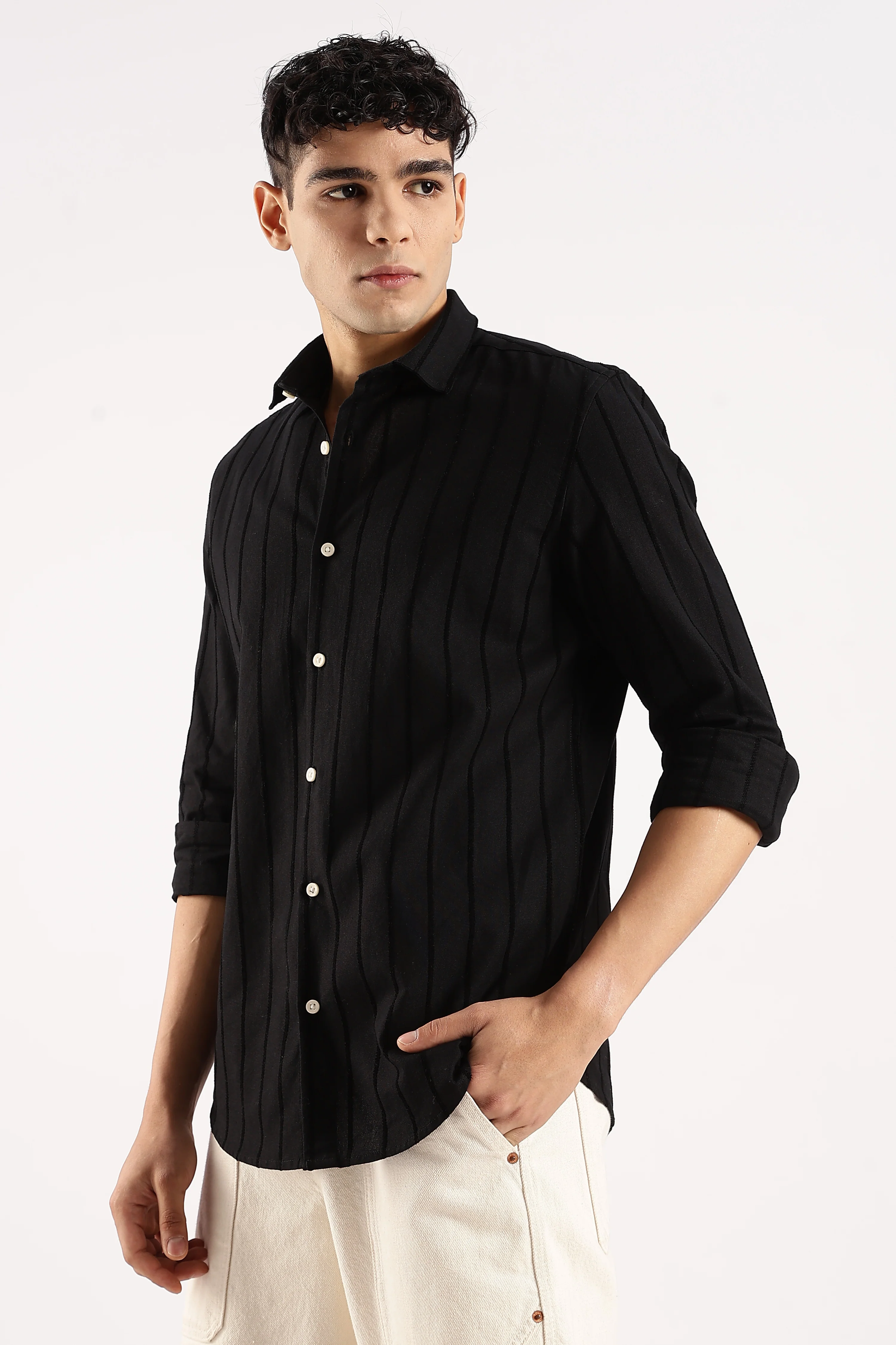 Men Black Cotton Self-Striped Shirt - Image 5