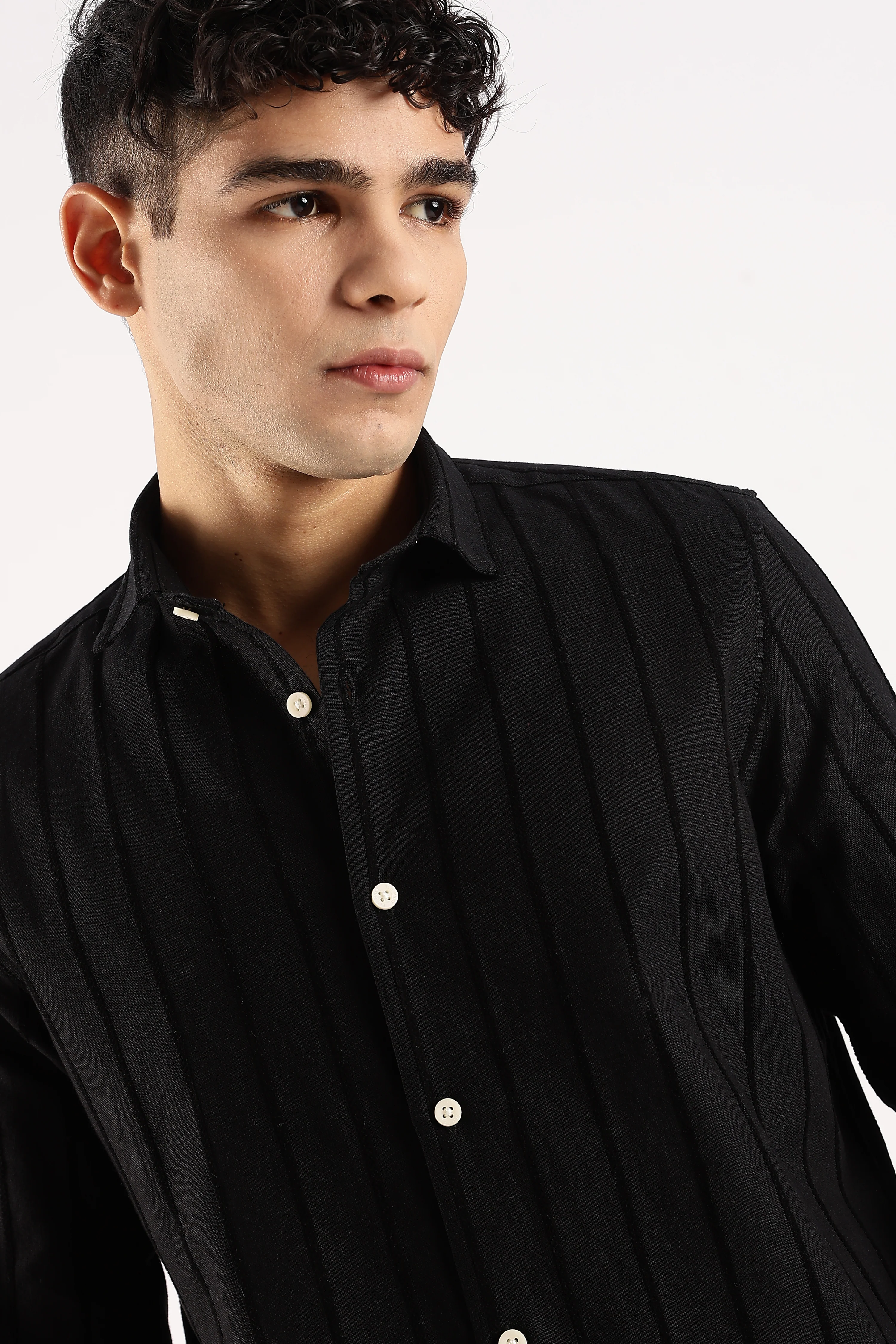 Men Black Cotton Self-Striped Shirt - Image 6