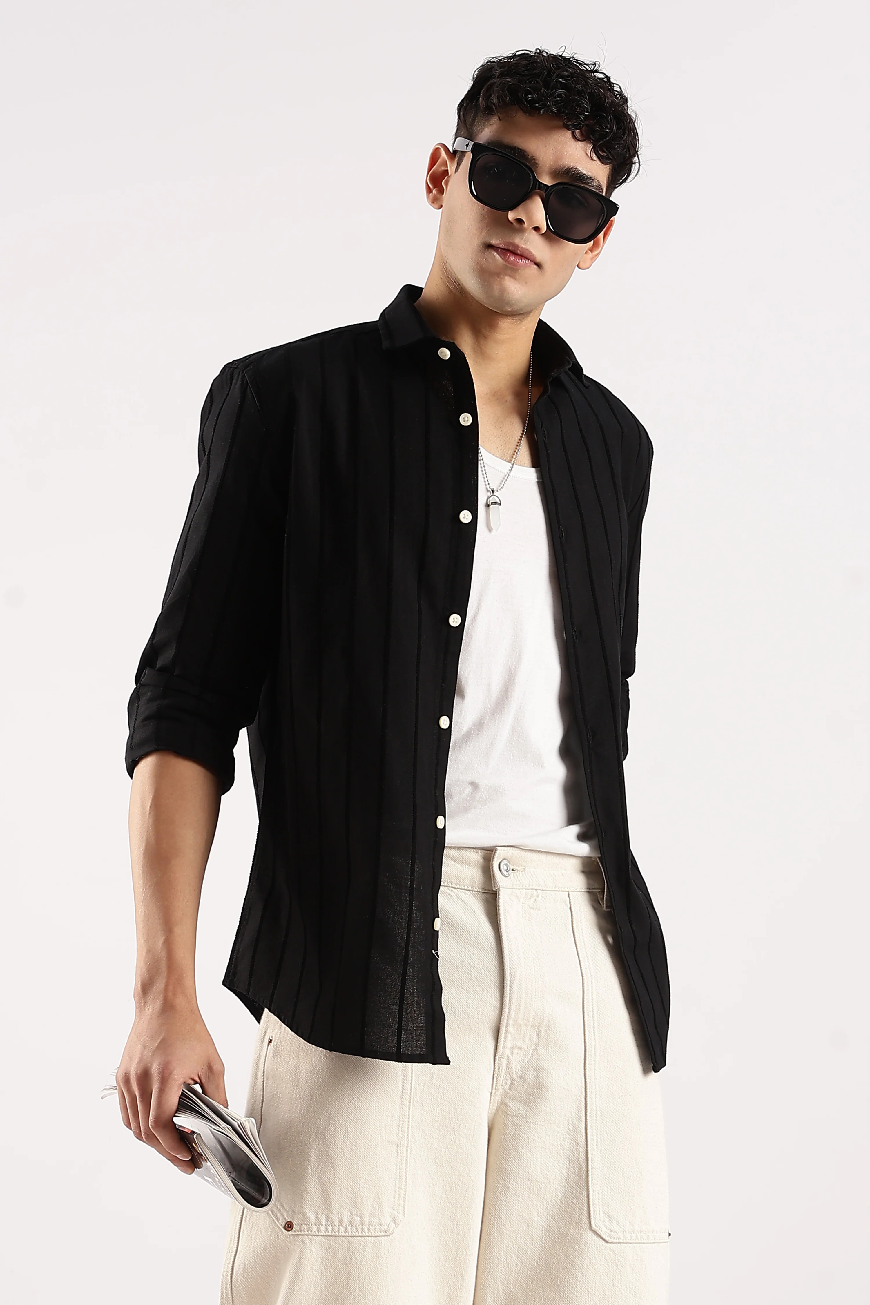 Men Black Cotton Self-Striped Shirt - Image 7
