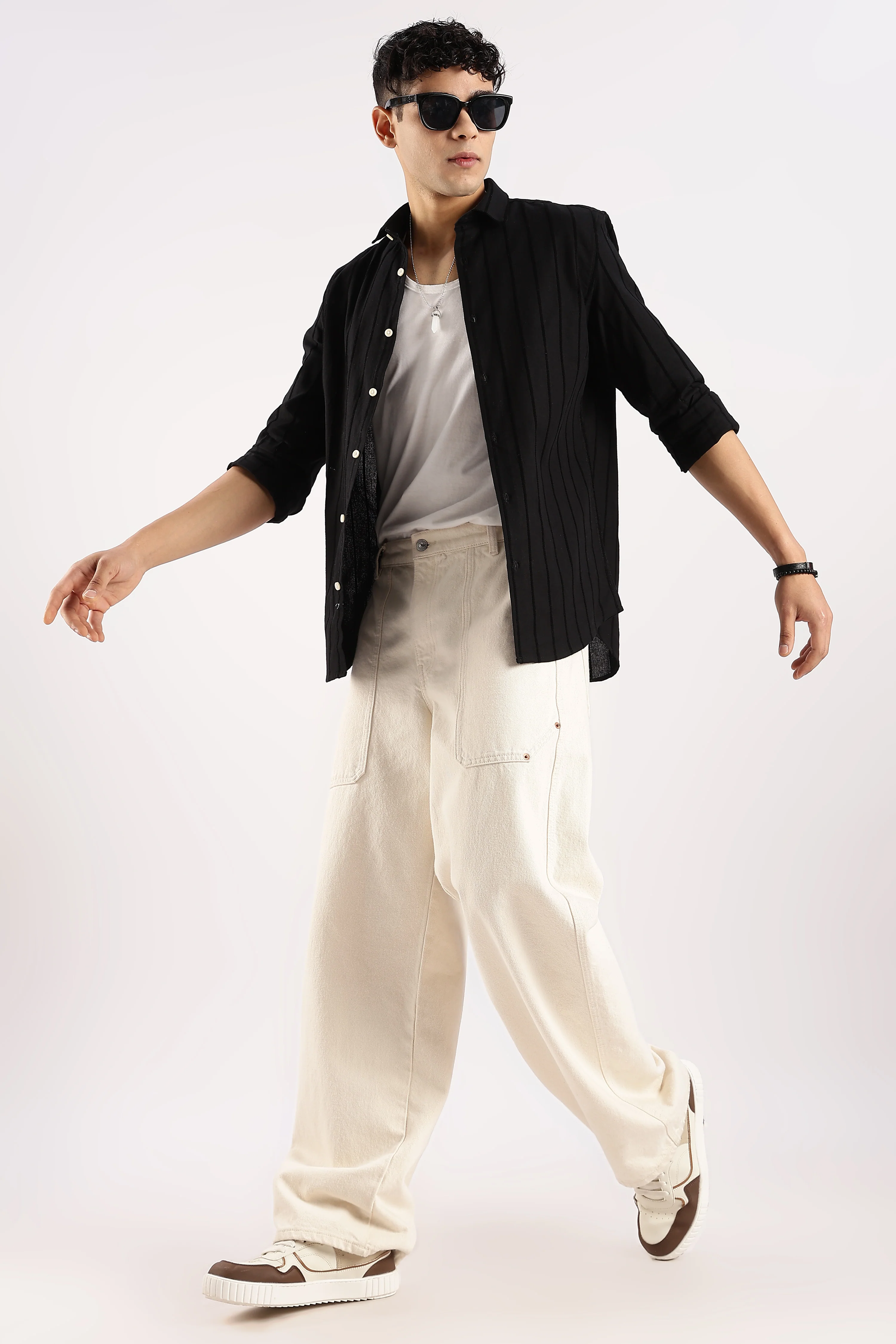 Men Black Cotton Self-Striped Shirt - Image 9