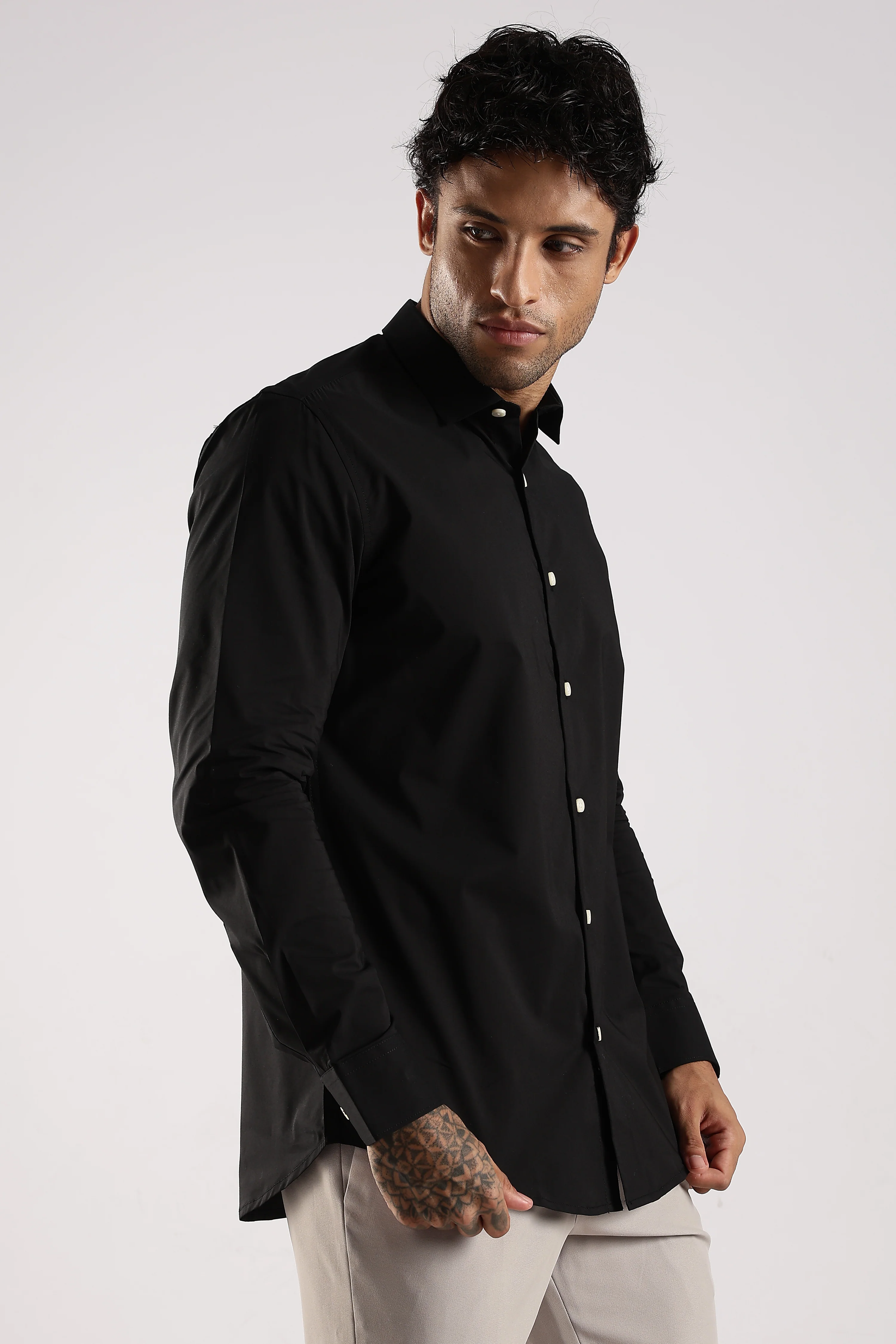 Men Black Cotton Slim Fit Shirt - Image 3