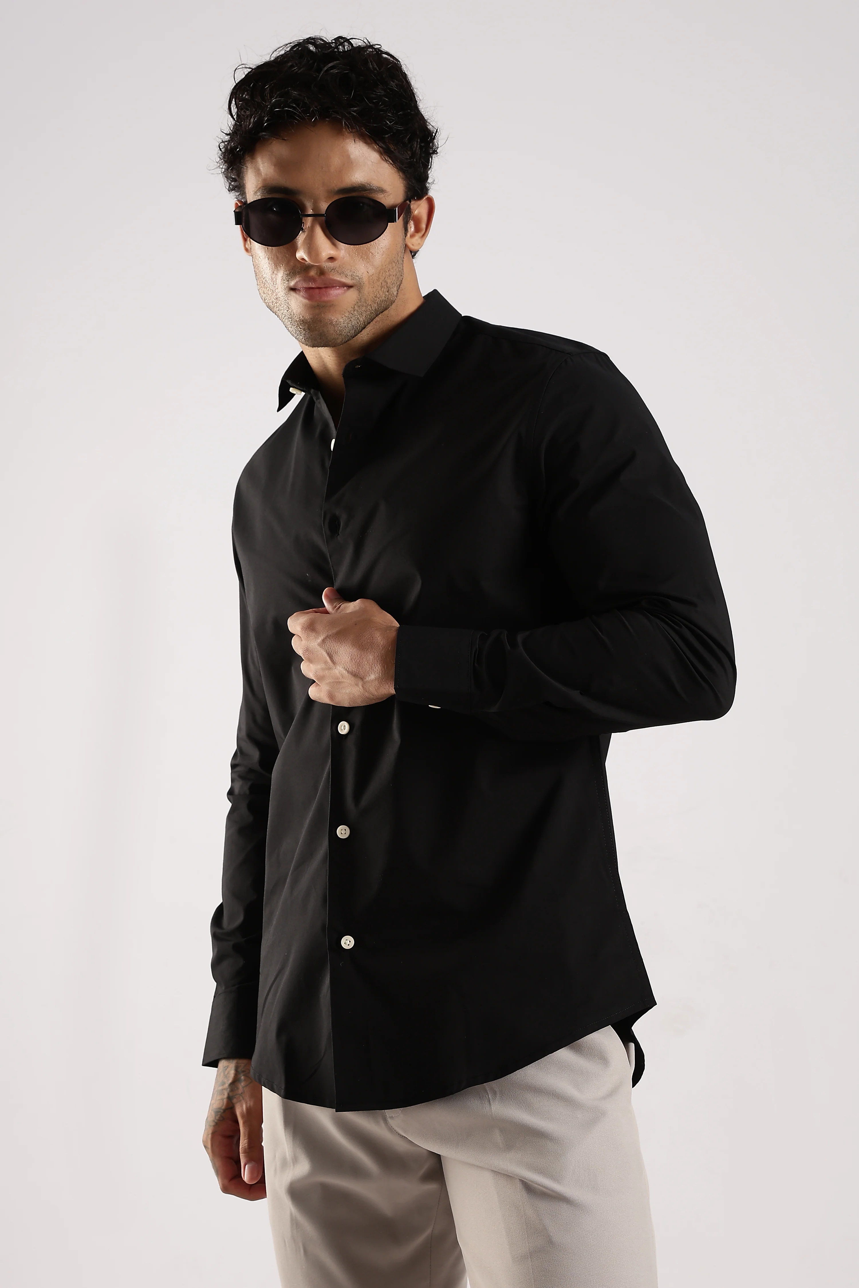 Men Black Cotton Slim Fit Shirt - Image 4