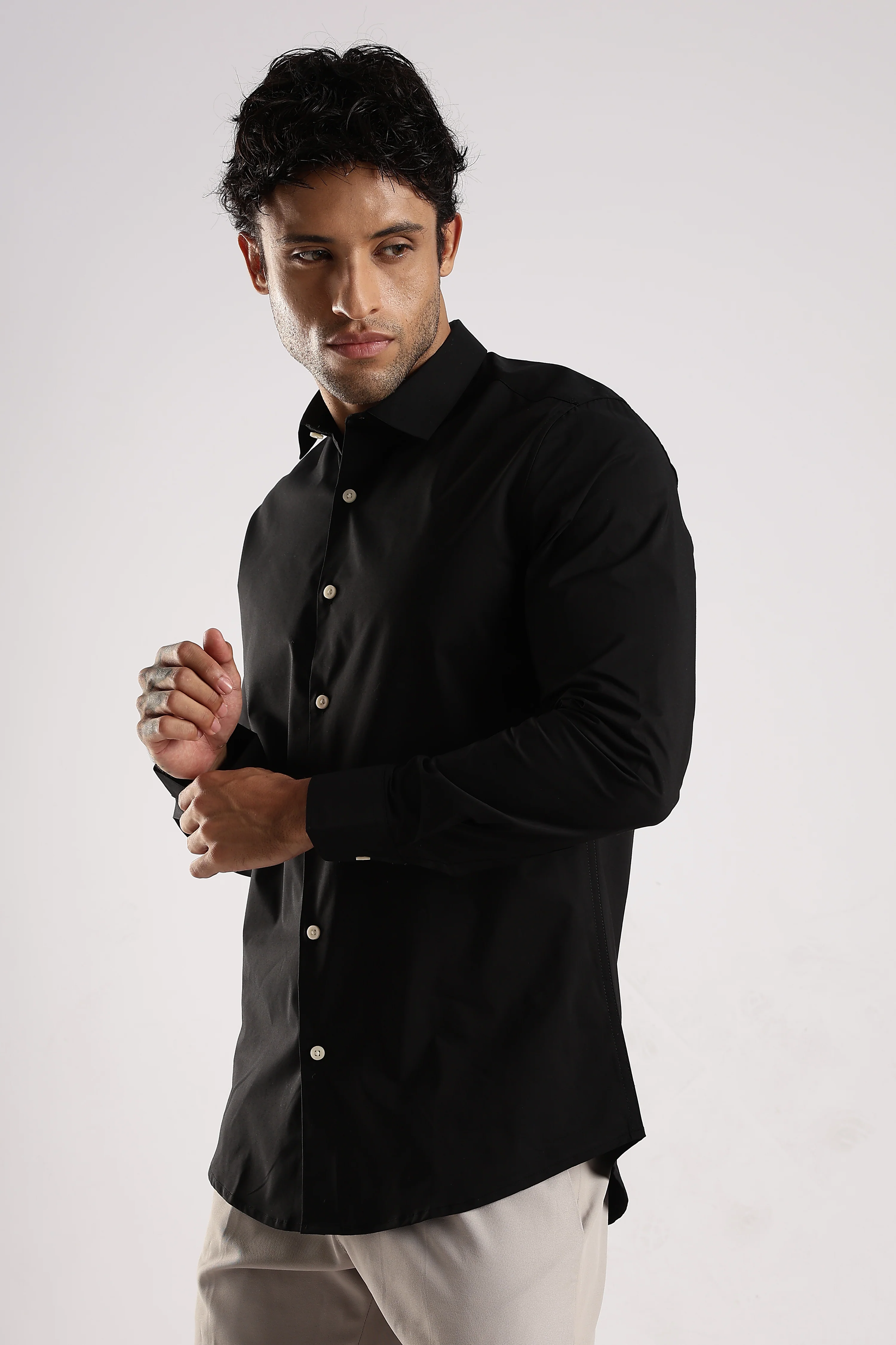 Men Black Cotton Slim Fit Shirt - Image 5