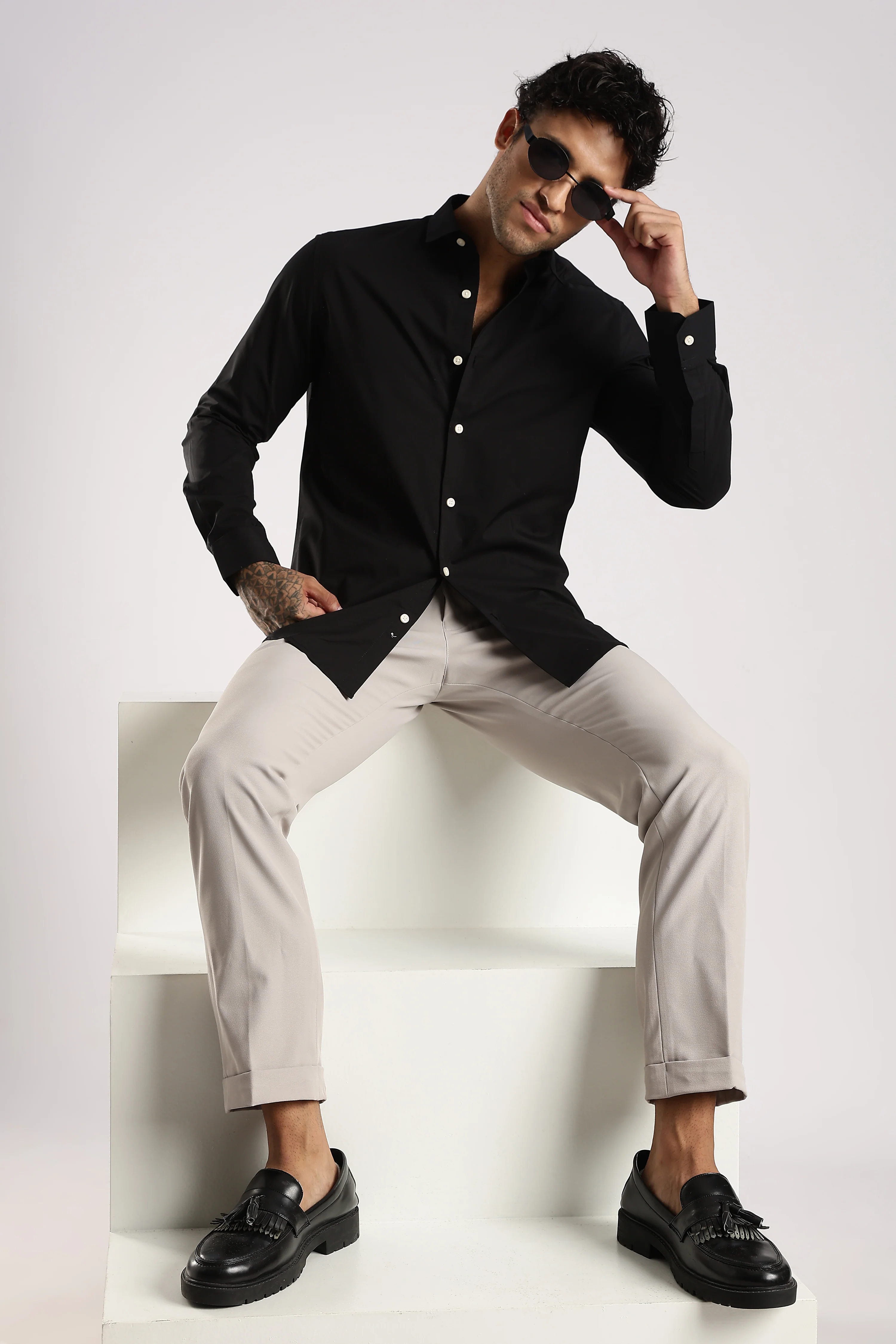 Men Black Cotton Slim Fit Shirt - Image 6