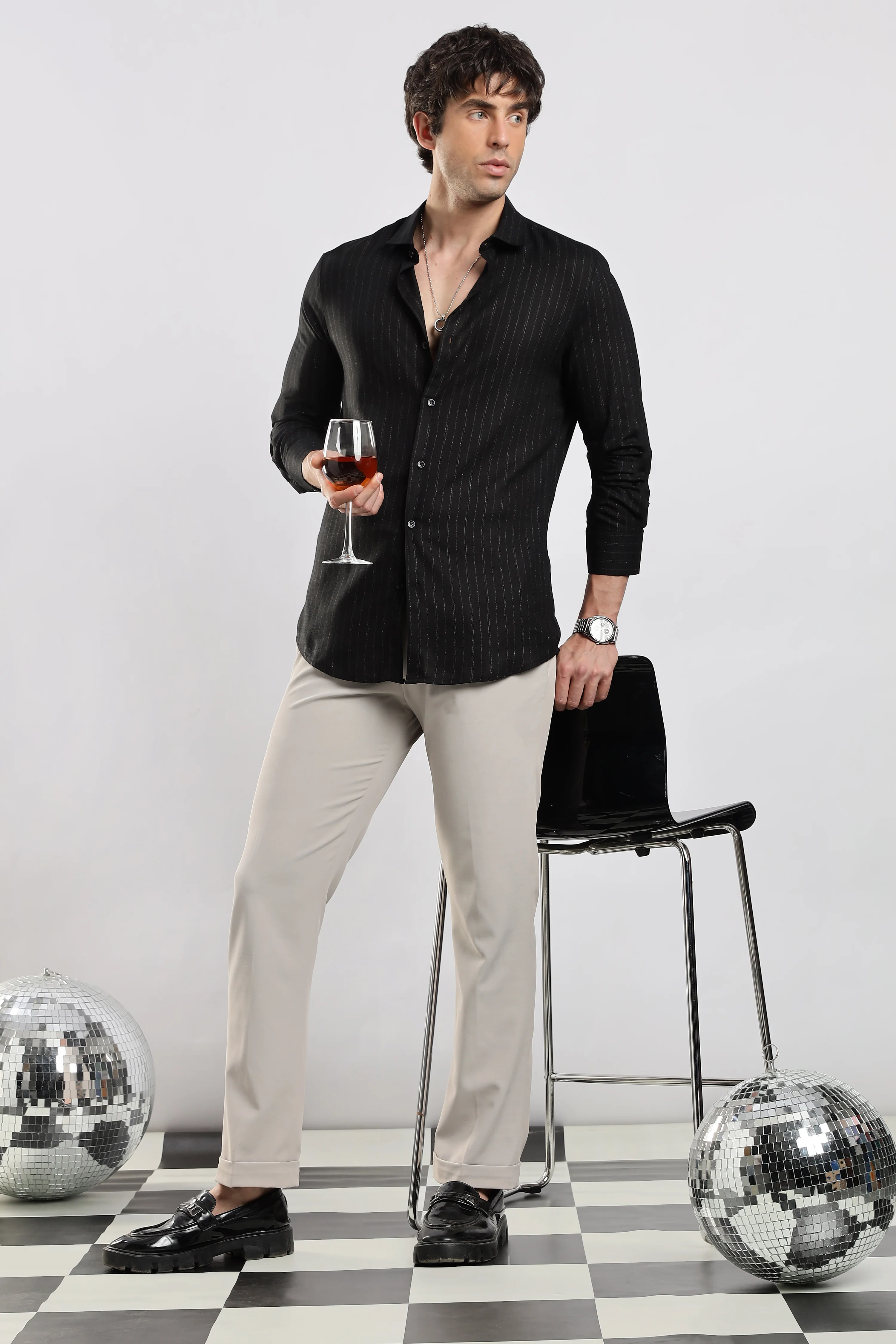 Men Black Cotton Slim Fit Striped Glitter Shirt - Image 11