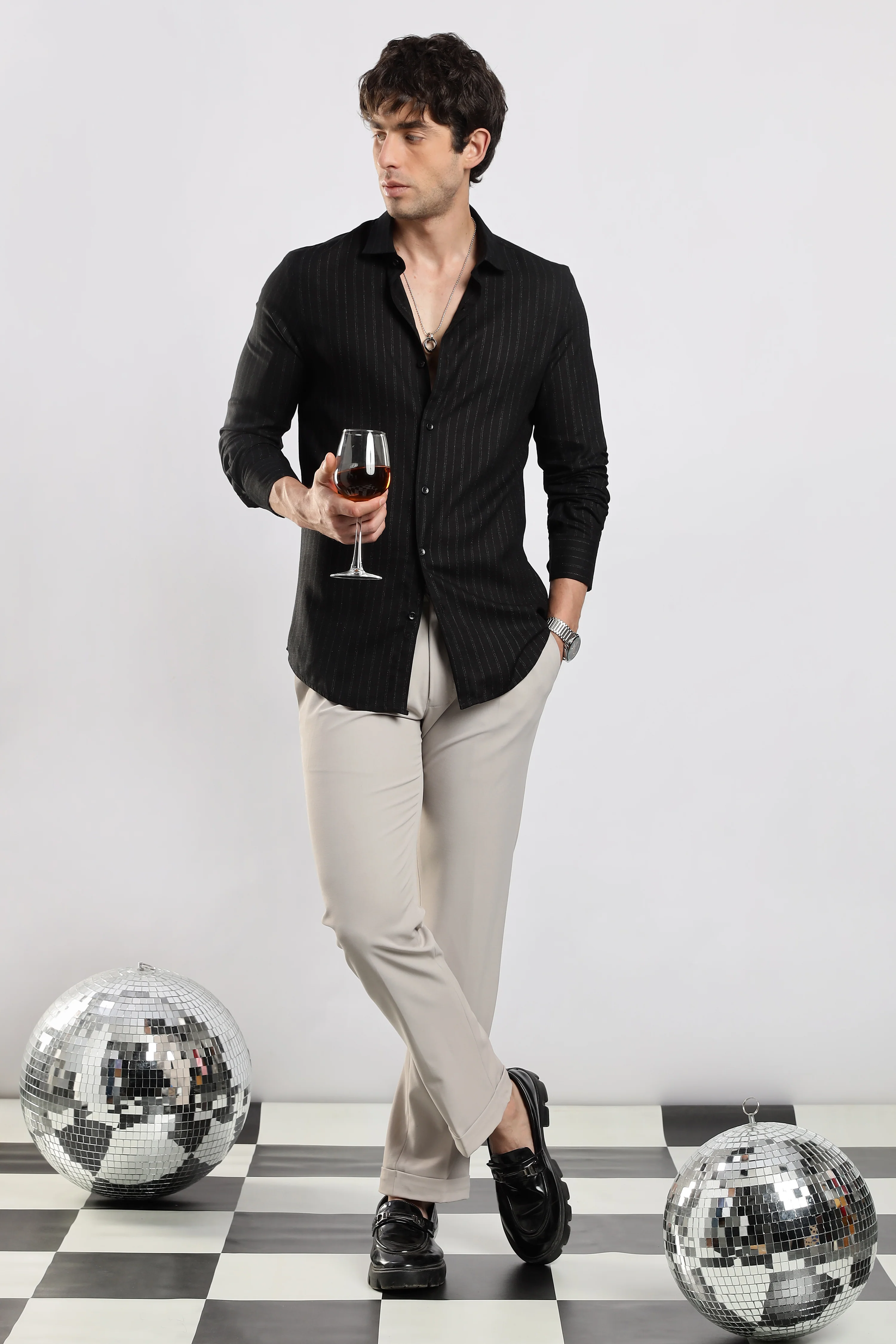Men Black Cotton Slim Fit Striped Glitter Shirt - Image 2