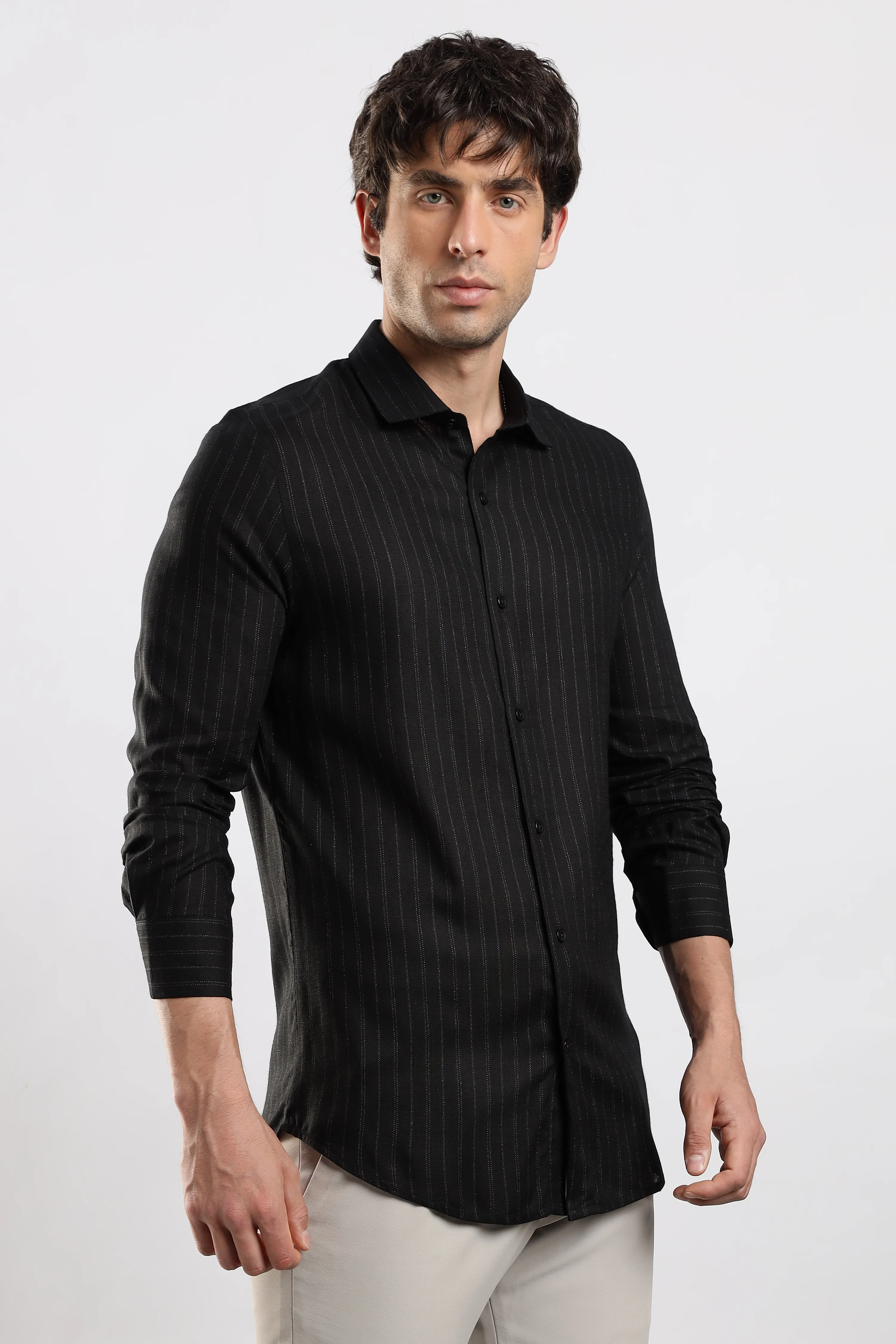Men Black Cotton Slim Fit Striped Glitter Shirt - Image 3