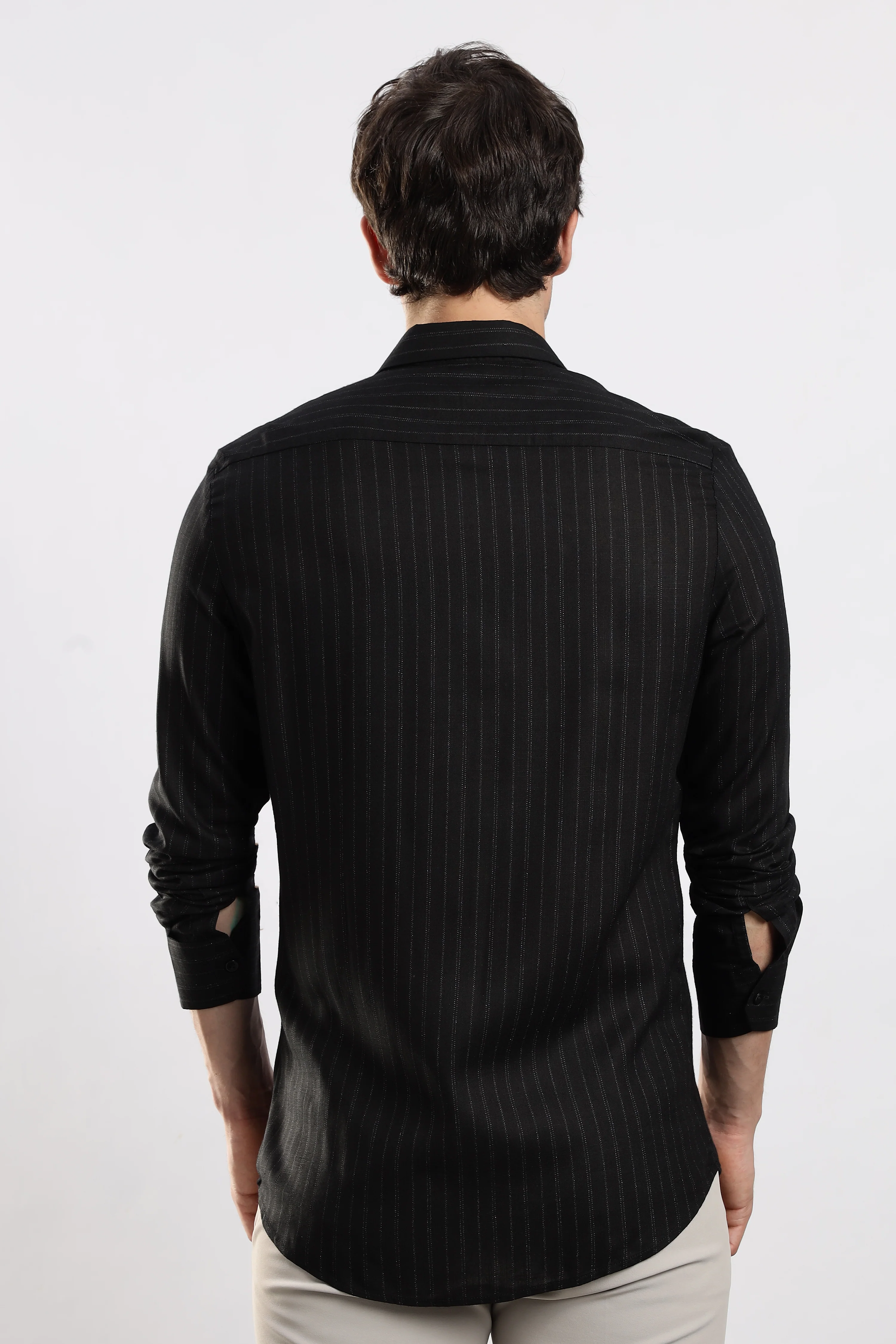 Men Black Cotton Slim Fit Striped Glitter Shirt - Image 4