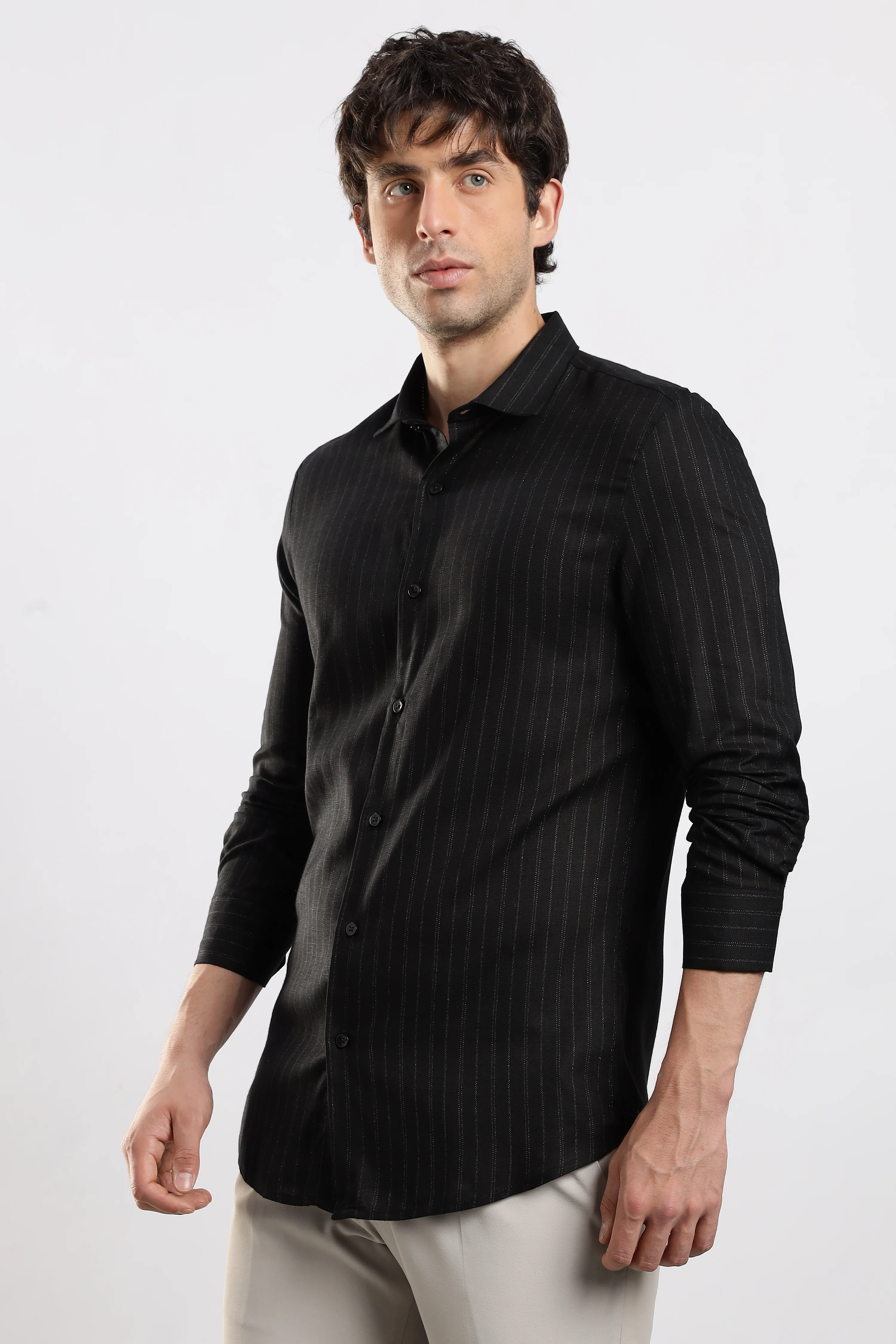Men Black Cotton Slim Fit Striped Glitter Shirt - Image 5