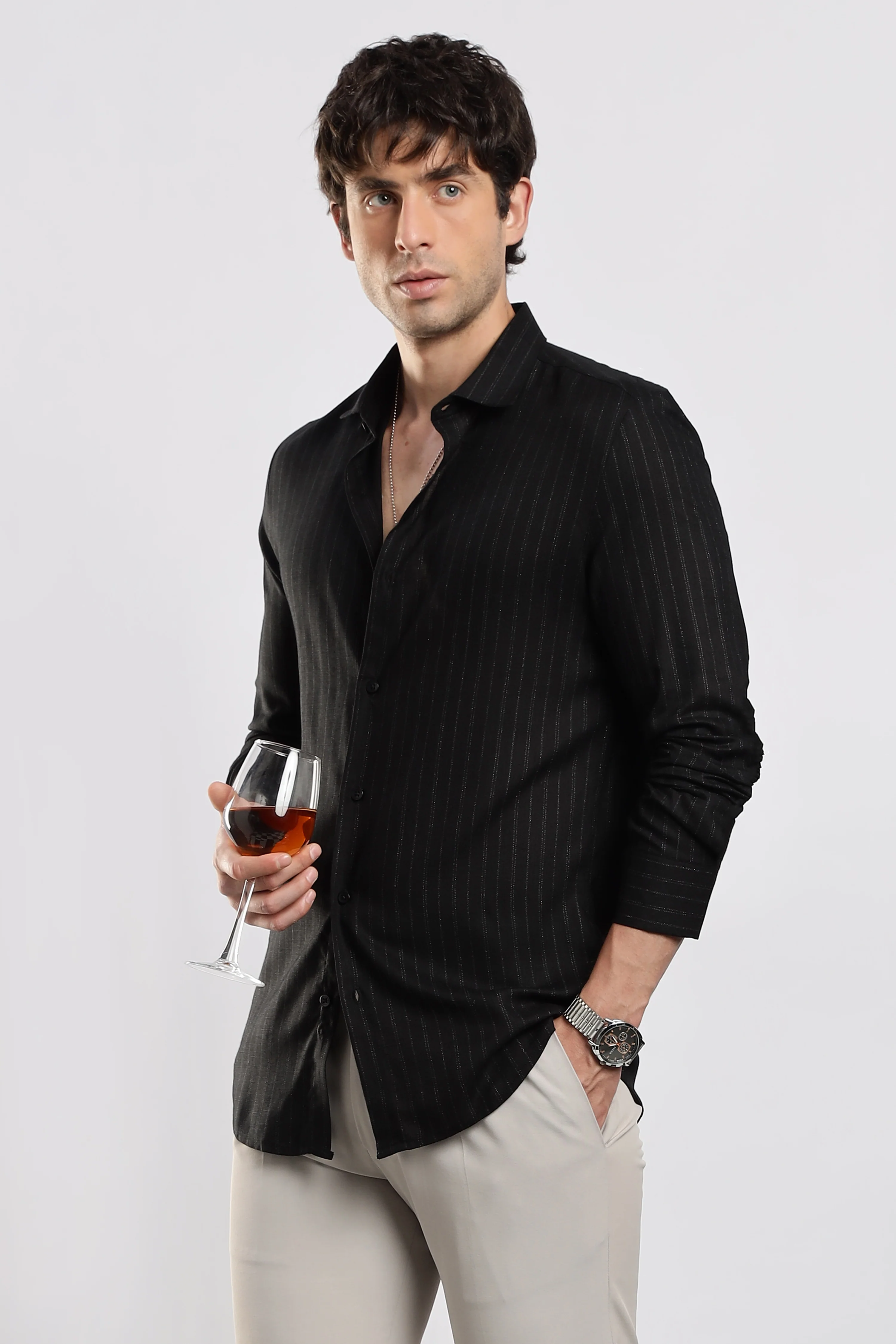Men Black Cotton Slim Fit Striped Glitter Shirt - Image 6