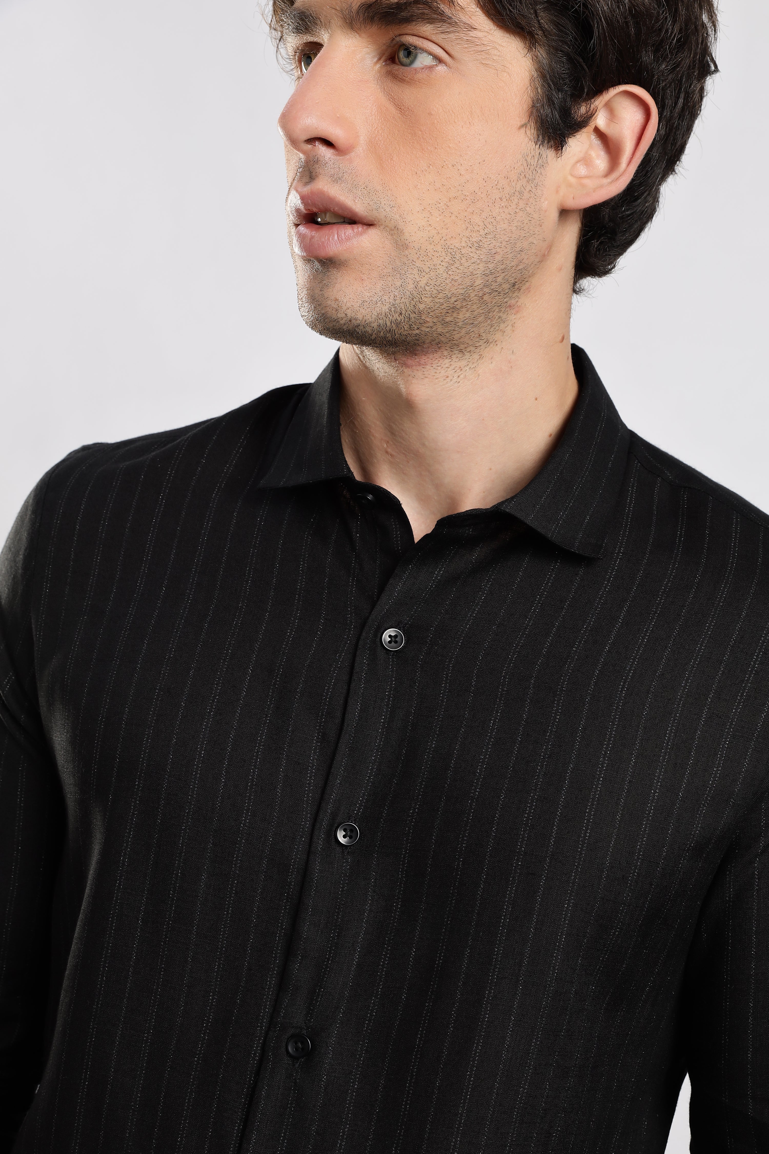 Men Black Cotton Slim Fit Striped Glitter Shirt - Image 7