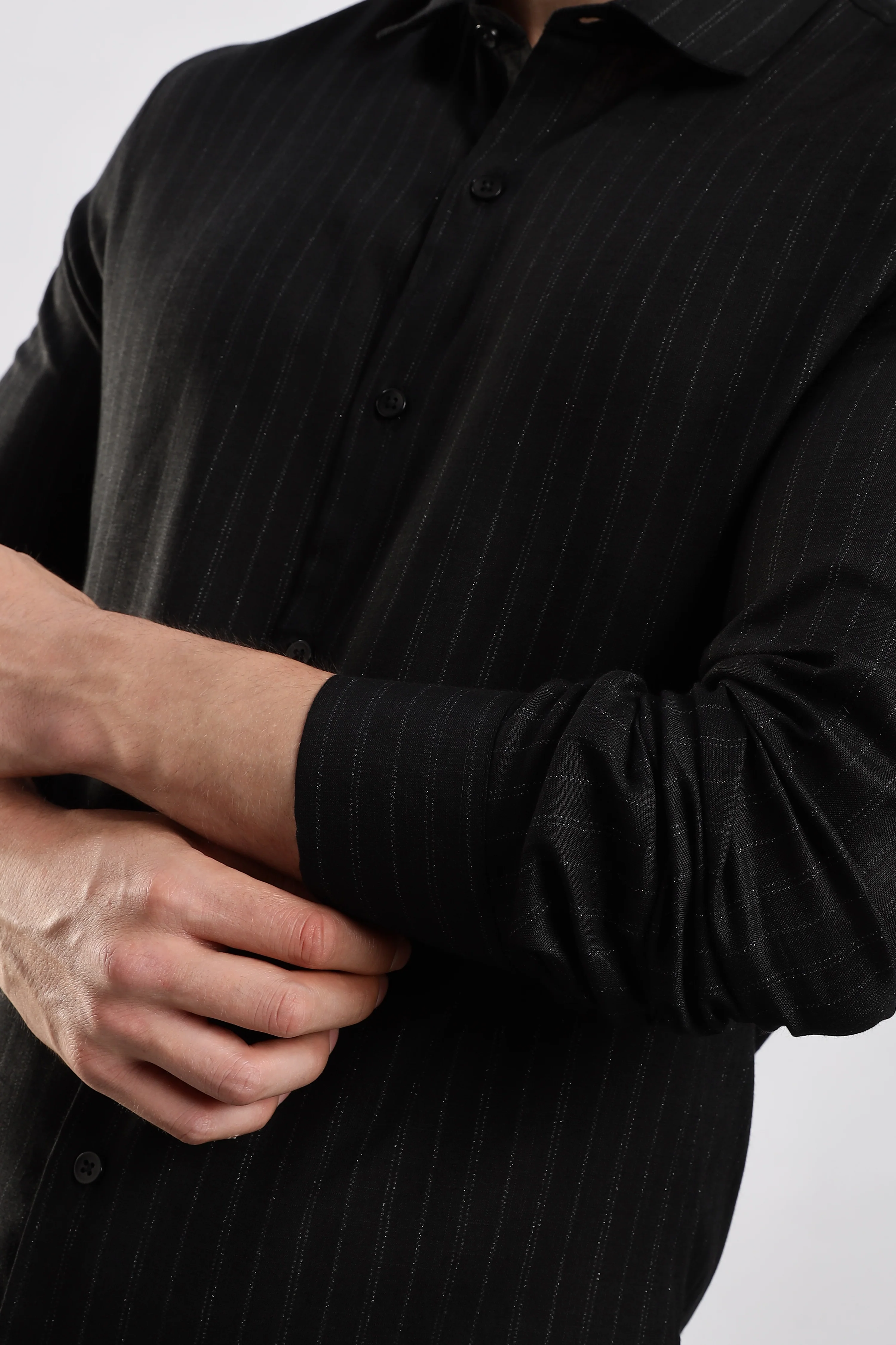Men Black Cotton Slim Fit Striped Glitter Shirt - Image 8
