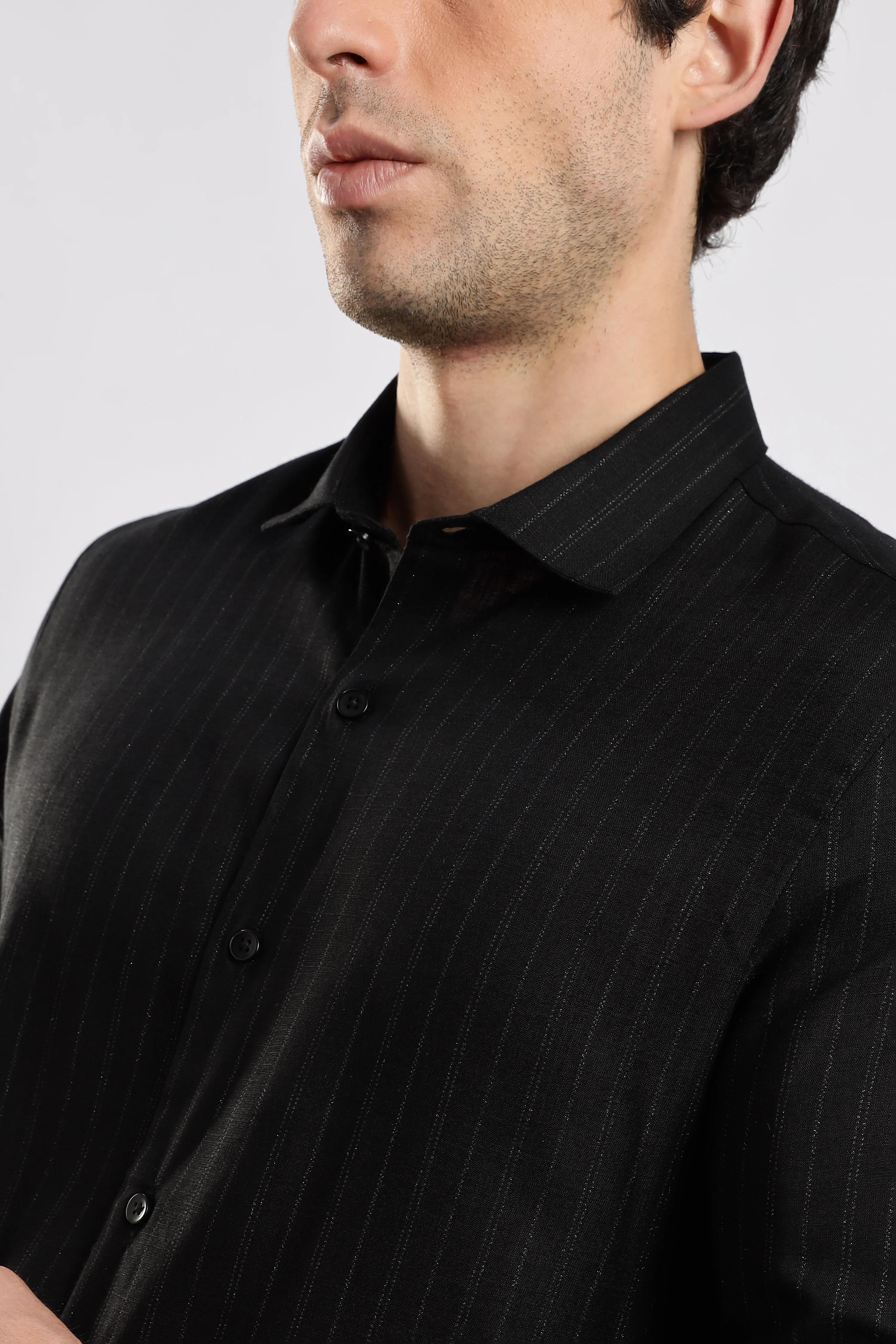 Men Black Cotton Slim Fit Striped Glitter Shirt - Image 9