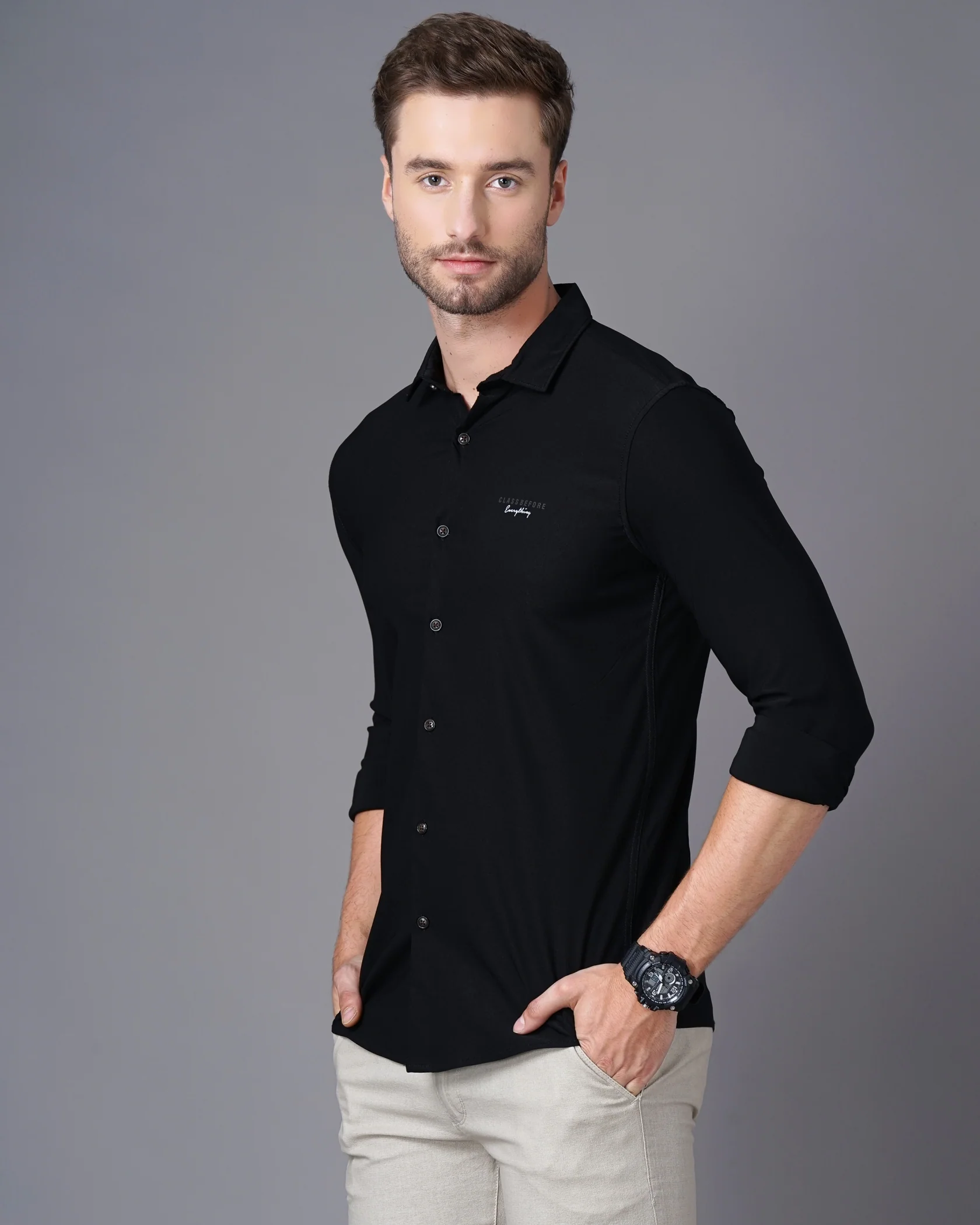 Men Black Cotton Slim Shirt - Image 3